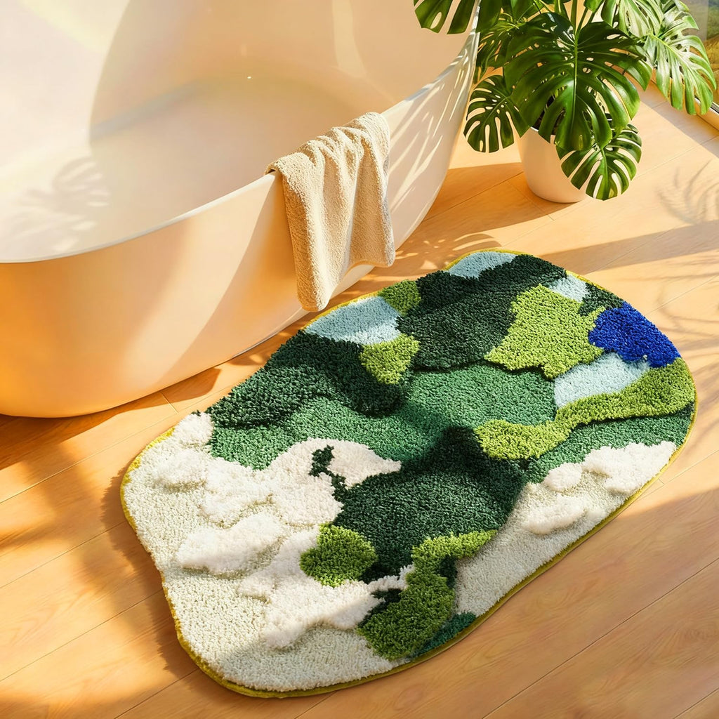 Aesthetic 3D Moss Rug, Super Absorbent Non-Slip Microfiber Grass Mat for Playroom, Irregular Shaped Green Carpet for Forest Bath Mat, Circle Cute Tufted Area Rug Trendy Rugs for Bedroom 31x20 in