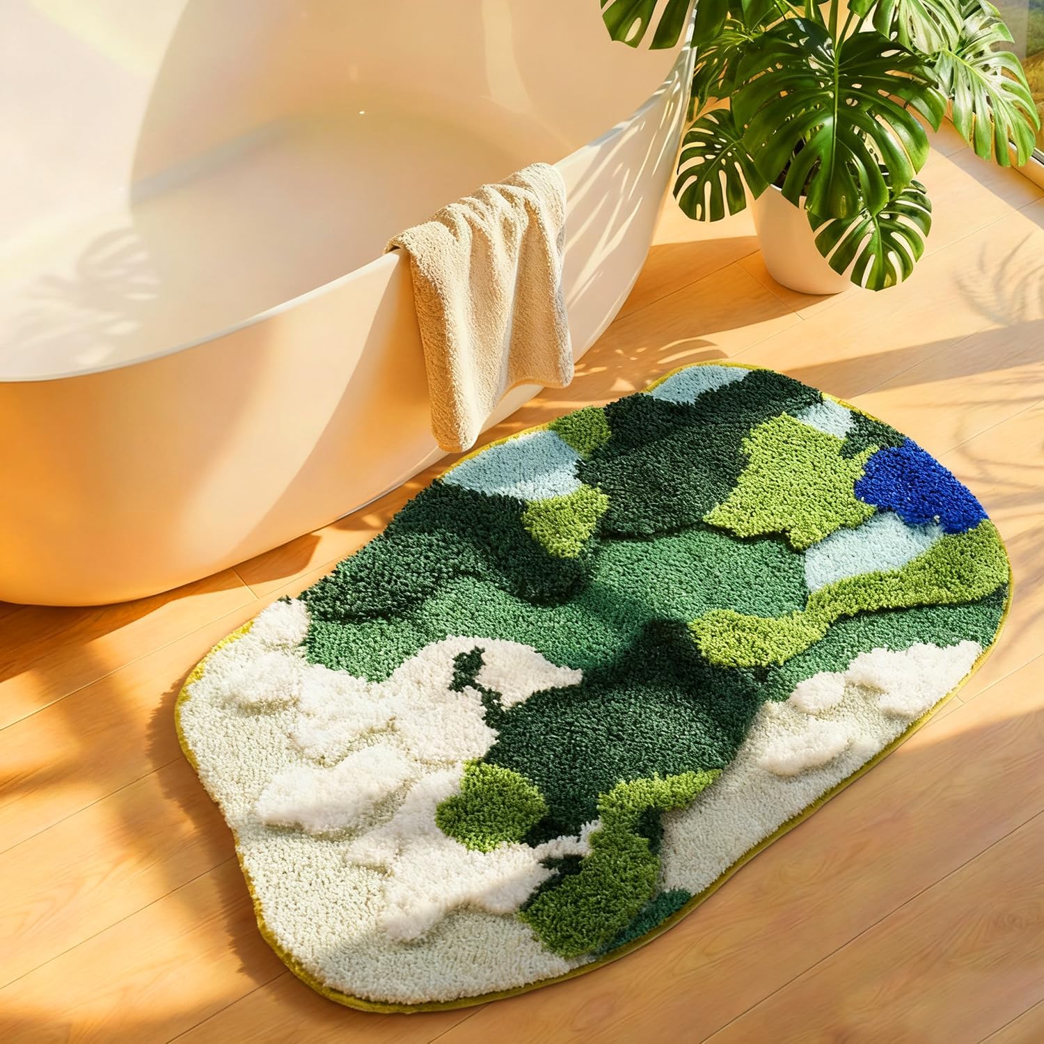 Aesthetic 3D Moss Rug, Super Absorbent Non-Slip Microfiber Grass Mat for Playroom, Irregular Shaped Green Carpet for Forest Bath Mat, Circle Cute Tufted Area Rug Trendy Rugs for Bedroom 31x20 in