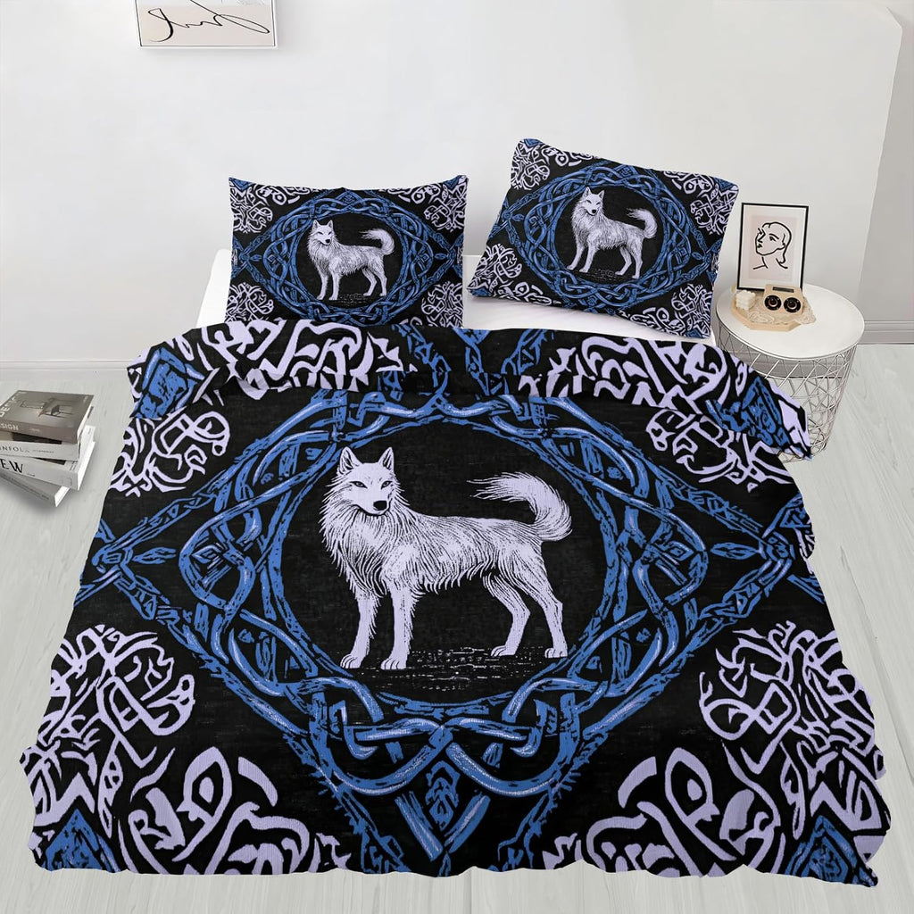 Viking Wolf Duvet Cover California King, Norse Mythology Bedding Set 3 Piece Bedroom Decor Abstract Mid Century Comforter Cover with Zipper Ties & 2 Pillowcases