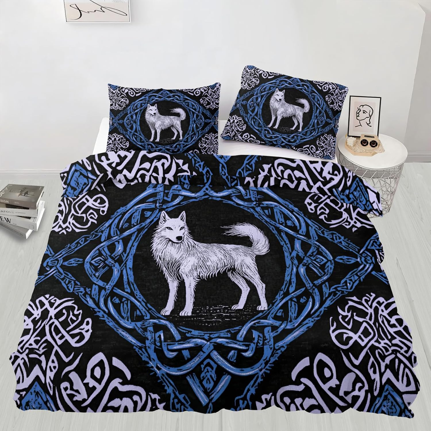 Viking Wolf Duvet Cover Twin Norse Mythology Bedding Set 2 Piece for Kids Bedroom Abstract Mid Century Comforter Cover with Zipper Ties & 1 Pillowcases