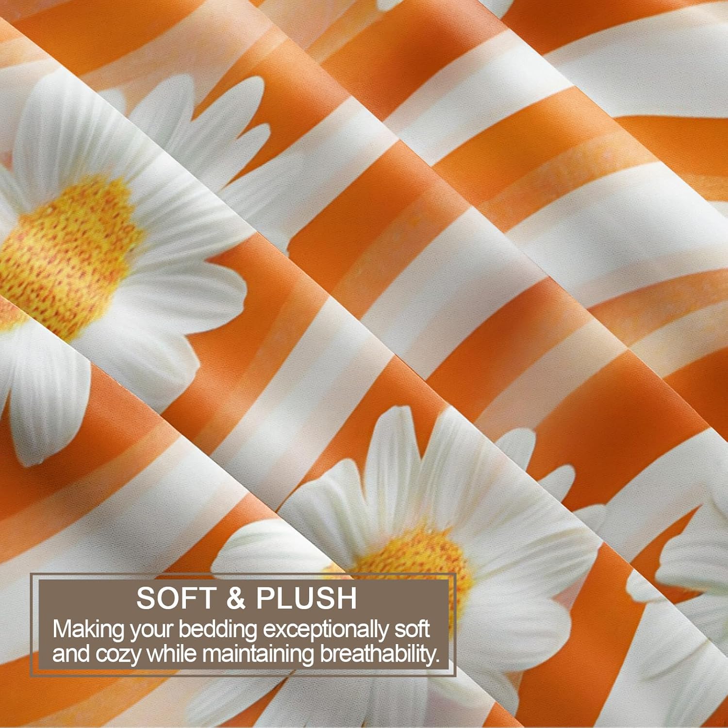 Orange Groovy Duvet Cover Full Size, Retro Hippie Flower Bedding Set 3 Piece Bedroom Decor Vibrant Daisy Comforter Cover with Zipper Ties & 2 Pillowcases