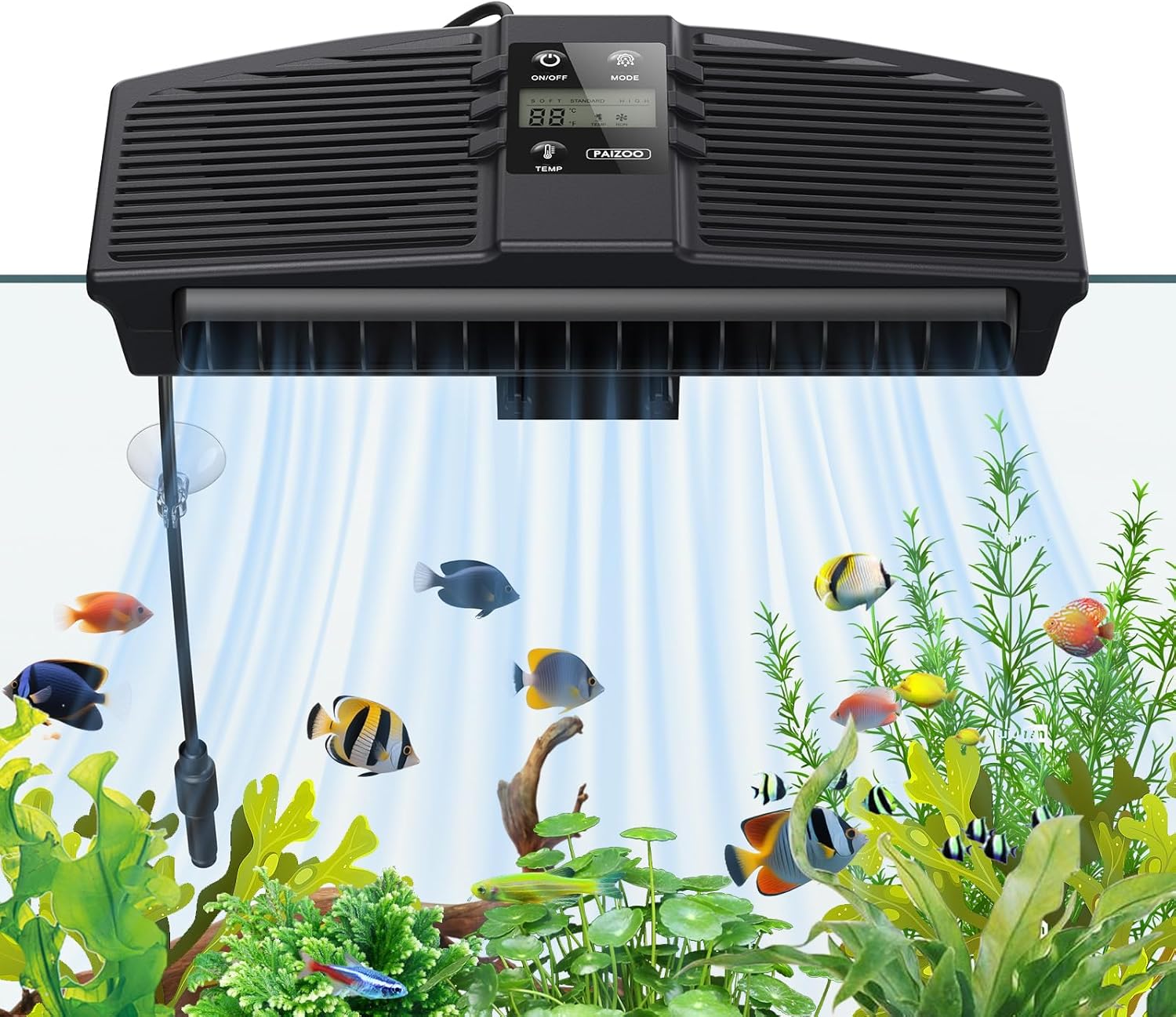 PAIZOO Aquarium Chiller Fan, Fish Tank Cooling Fan with Temperature Probe & LCD Display Aquarium Cooler Water Chiller for Axolotl Betta Fish Accessories, 7W