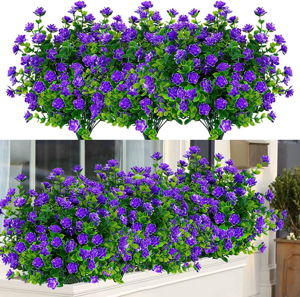 6 Bundles Outdoor Artificial Flowers UV Resistant Fake Boxwood Plants, Faux Plastic Greenery for Indoor Outside Hanging Plants Garden Porch Window Box Home Wedding Farmhouse Decor (Purple)