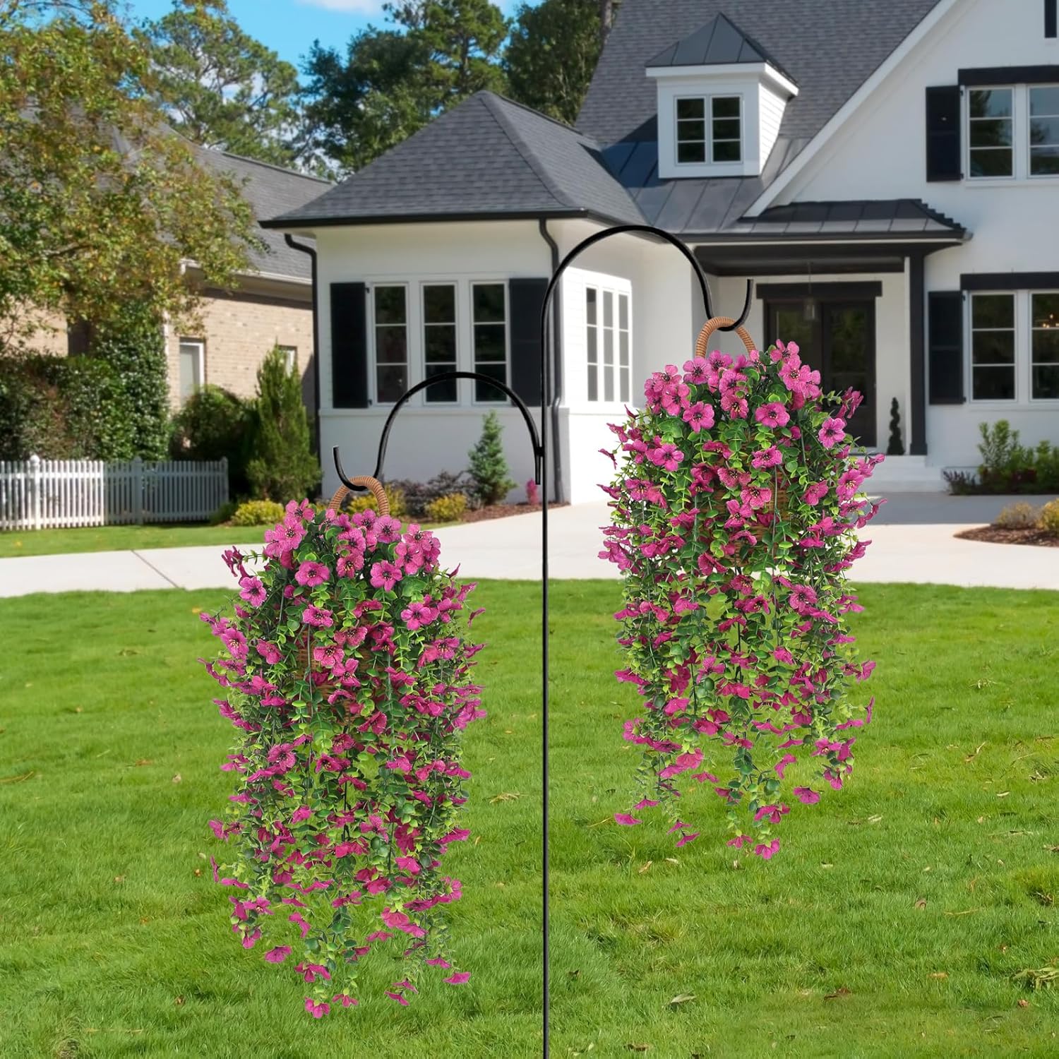 3 PCS Artificial Fake Hanging Flowers Plants with Basket for Spring Outdoor Outside Decoration, UV Resistant Faux Plastic Fabric Flower for Garden Porch Patio Balcony Yard Decor（Pink）