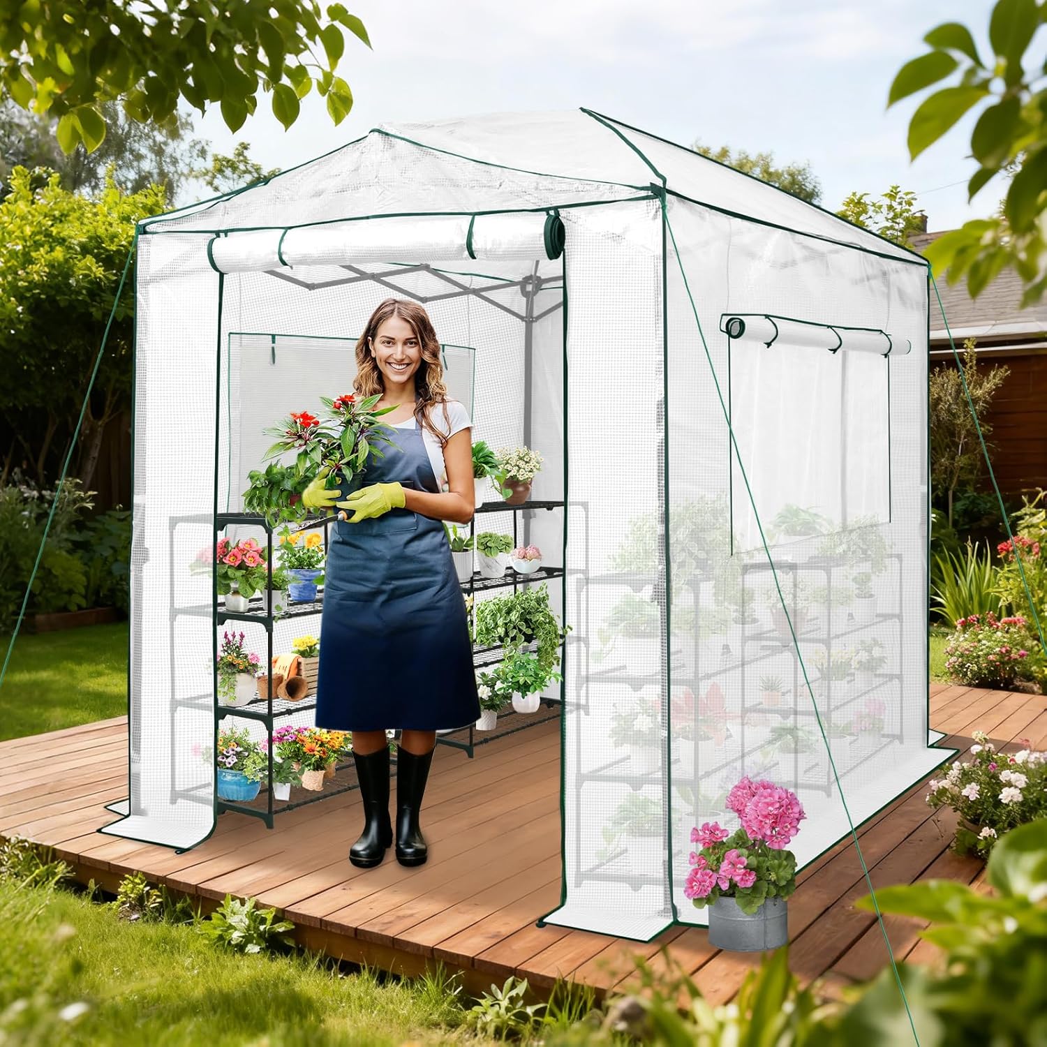 EAGLE PEAK Instant Pop-up Greenhouse, Indoor Outdoor Plant Gardening Green House, Roll-Up Zipper Doors and Side Windows, Walk in 8x6 ft, White/Clear