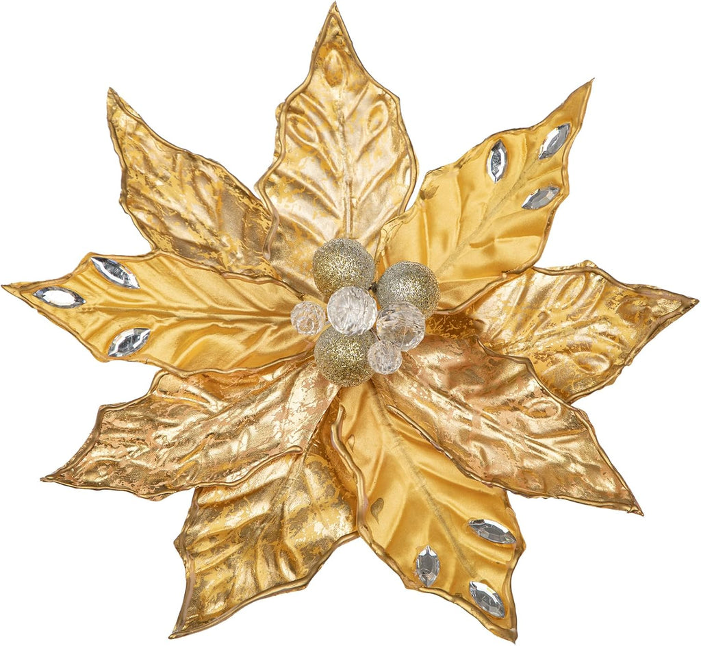Hollyone 3PCS Poinsettia Christmas Flowers Artificial 11" Large Gold Glitter Poinsettia Flowers Christmas Tree Ornaments Floral Picks for Tree Wreath Garland Vase Table Centerpiece Home Decor