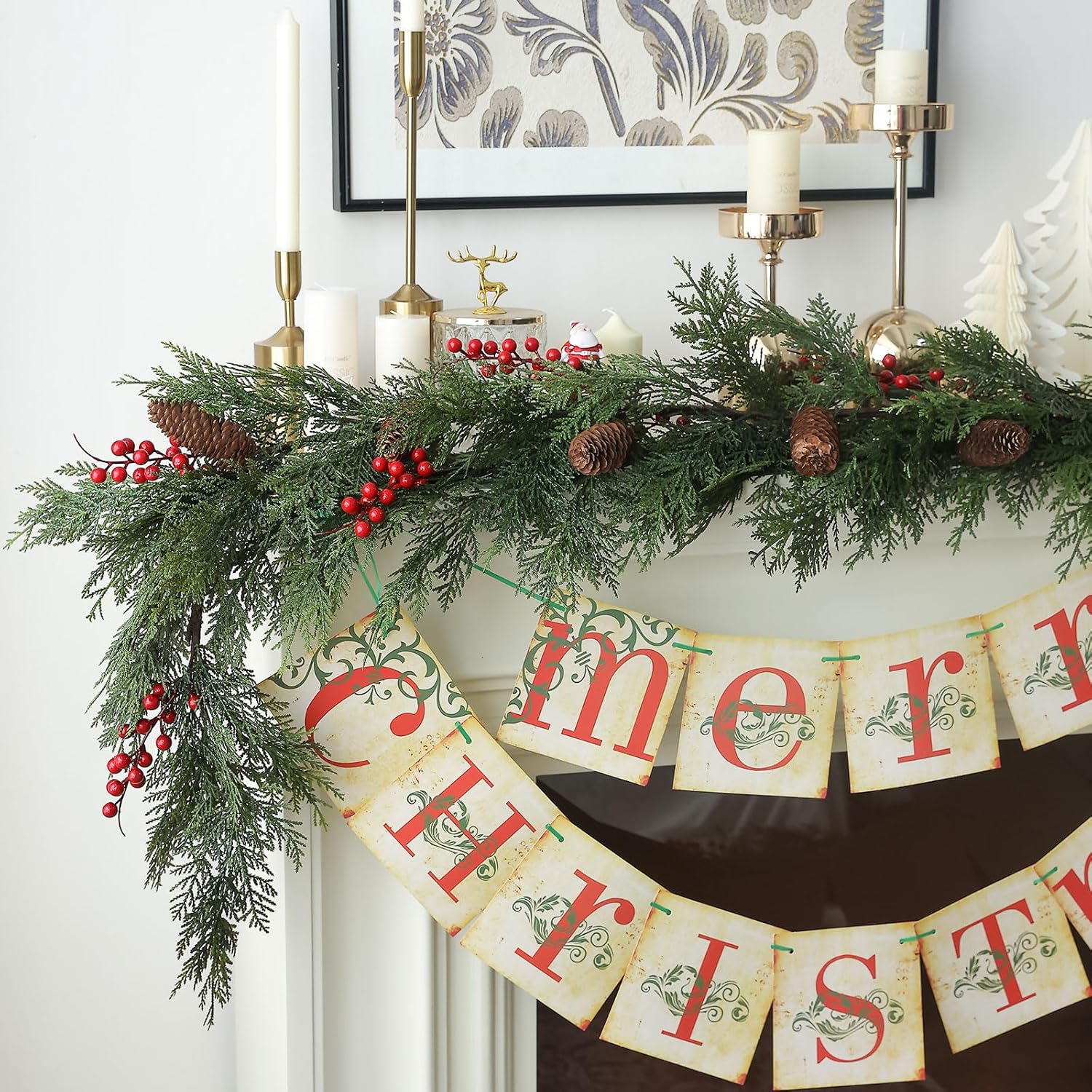 MIZII Christmas Garlands 6FT Artificial Pine Garland with Pinecone Berries Greenery Garland Christmas Decorations for Xmas Fireplace Mantle Home Decor Indoor Outdoor (Garland-6FT)