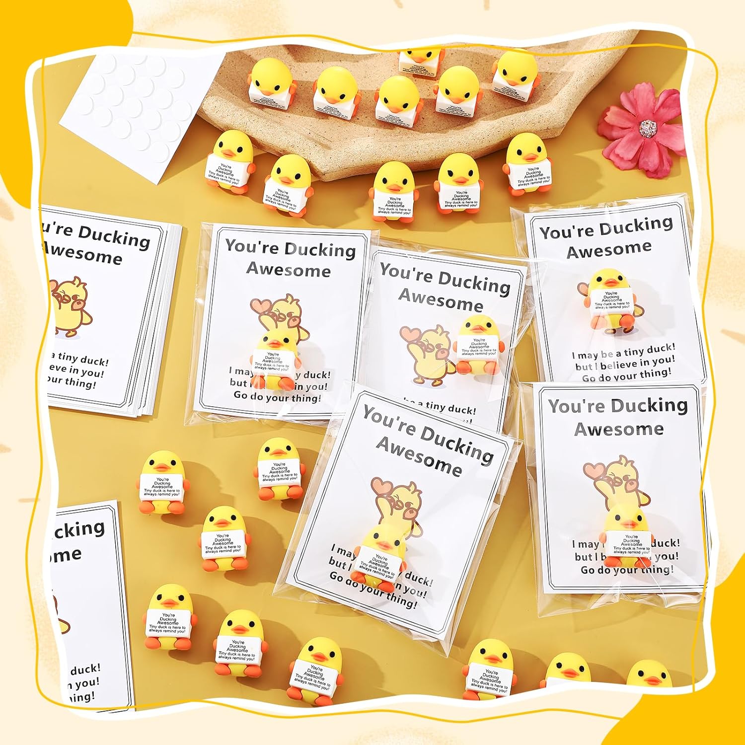 Gejoy 75 Pcs Support Duck Gift Set Include 25 Mini Rubber Duck 25 Motivational Card 25 Package Bag Positive Inspirational Gifts for Employee Coworker Staff Teacher Team Friends