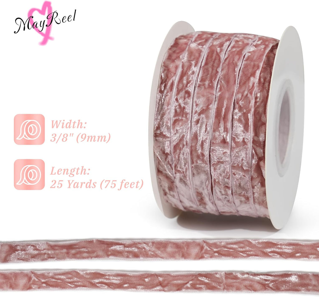 MAYREEL Rose Gold Crushed Velvet Ribbon 3/8 Inch Thin Vintage Dusty Pink Ribbon for Flower Bouquet Gift Wrapping Wedding Invitations Crafts Christmas Decorations Party 25 Yards