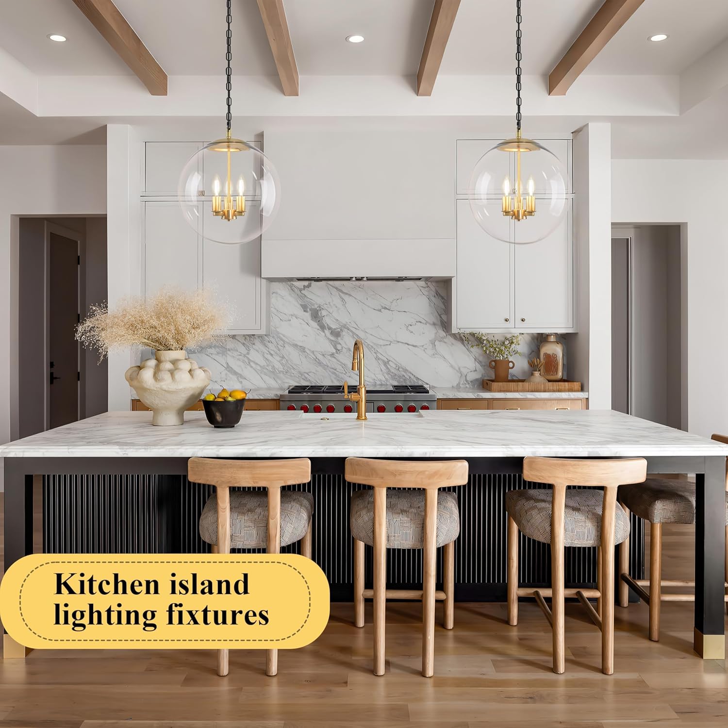 KoKo&Yukina 13.7" Gold Globe Pendant Light Mid Century Pendant Light Clear Glass Pendant Lights Kitchen Island Adjustable Hanging Light Fixture for Dining Room Bedroom Kitchen Island