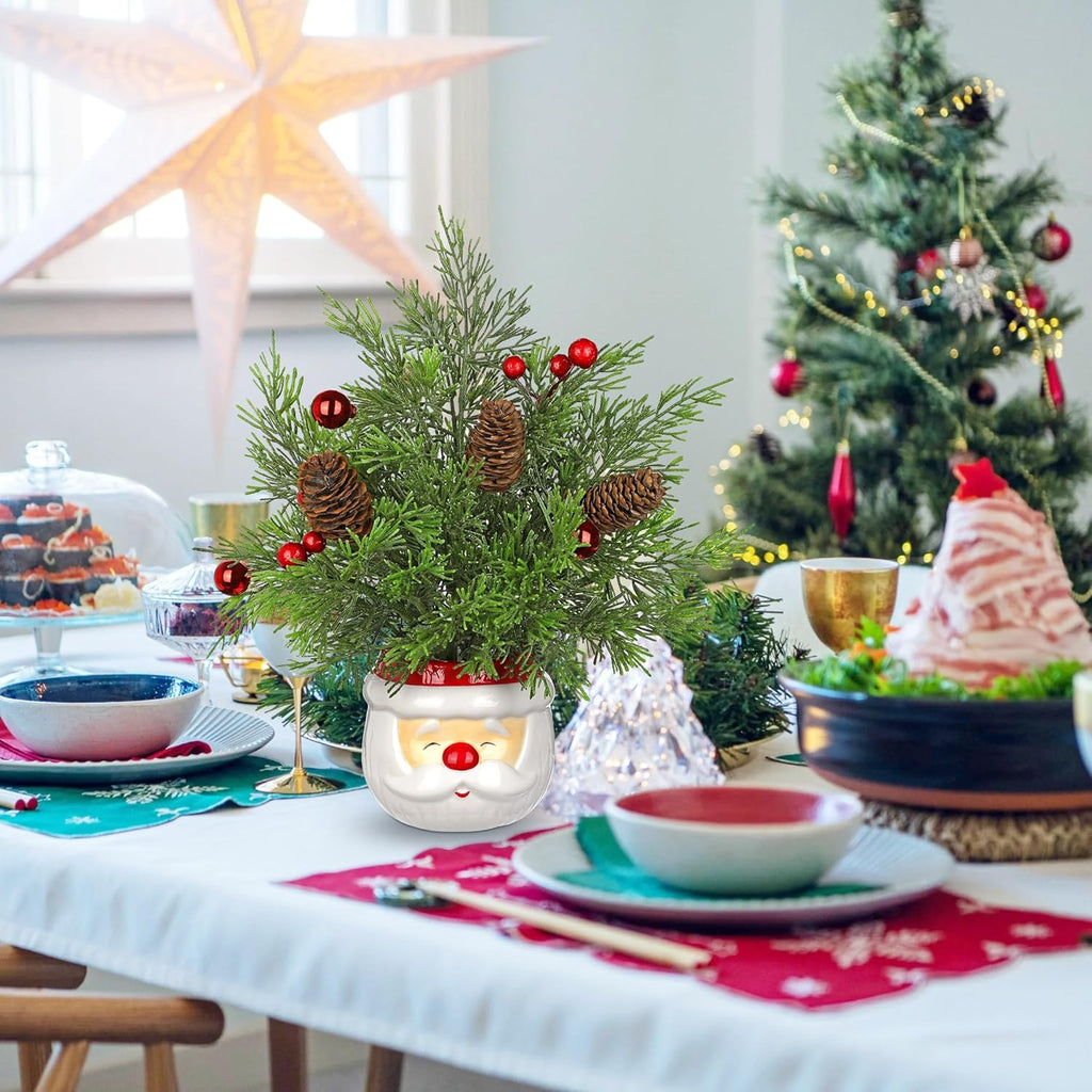 Hollyone Small Christmas Tree Cedar 10" Tabletop Snowman Potted Plants with Vase Artificial Mini Xmas Tree Decorations Plant with Christmas Ball Ornaments Berries Pine Cones Slim Tree Party Home Decor