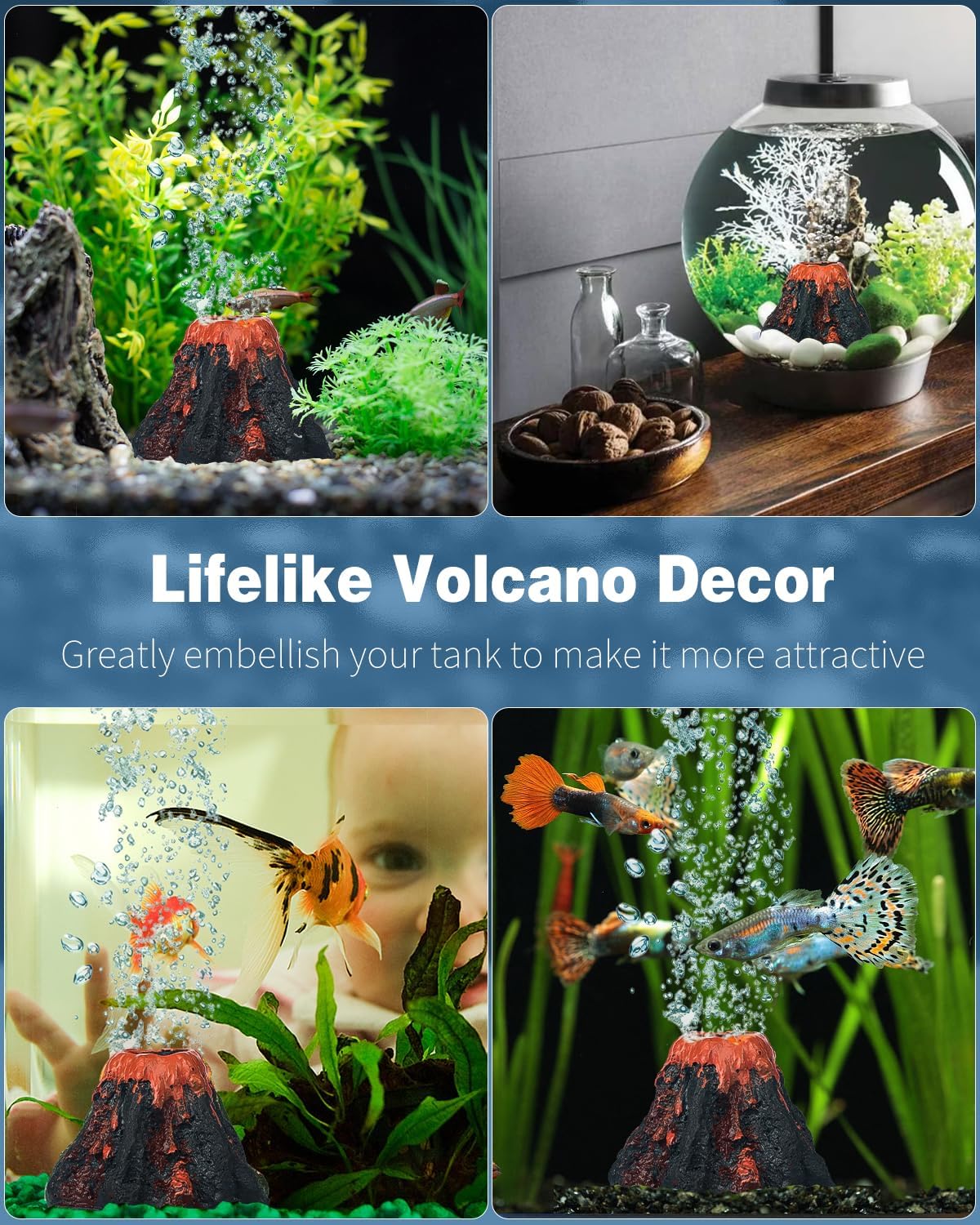 Uniclife Aquarium Volcano Ornament Kit Fish Tank Decoration Mini Resin Volcanic Decor for Fish Tank Landscape Realistic Mountain with Air Stone Bubbler Airline Tubing Accessories for Oxygenation