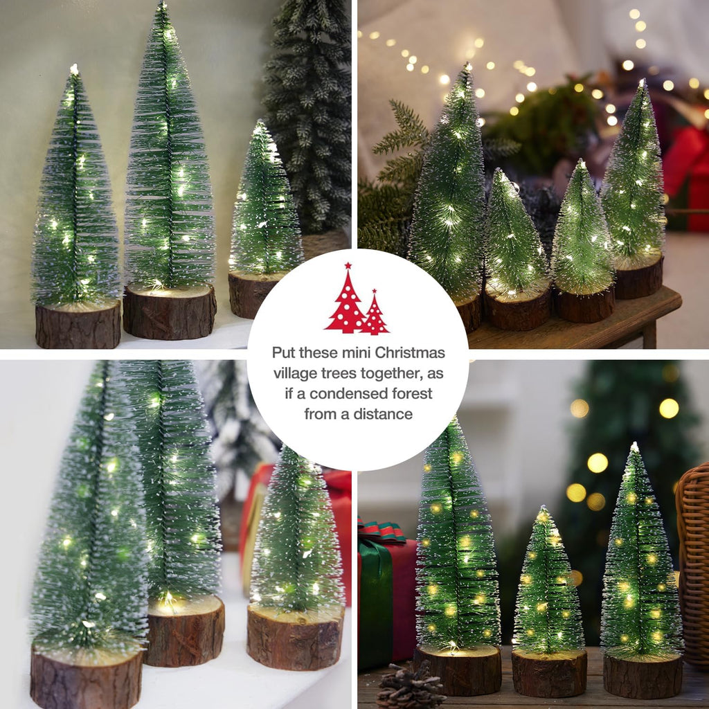 4Pcs Mini Christmas Trees with Light Small Artificial Bottle Brush Trees with Wooden Base Miniature Pine Tree Table Top Decoration for Party Home Xmas Holiday