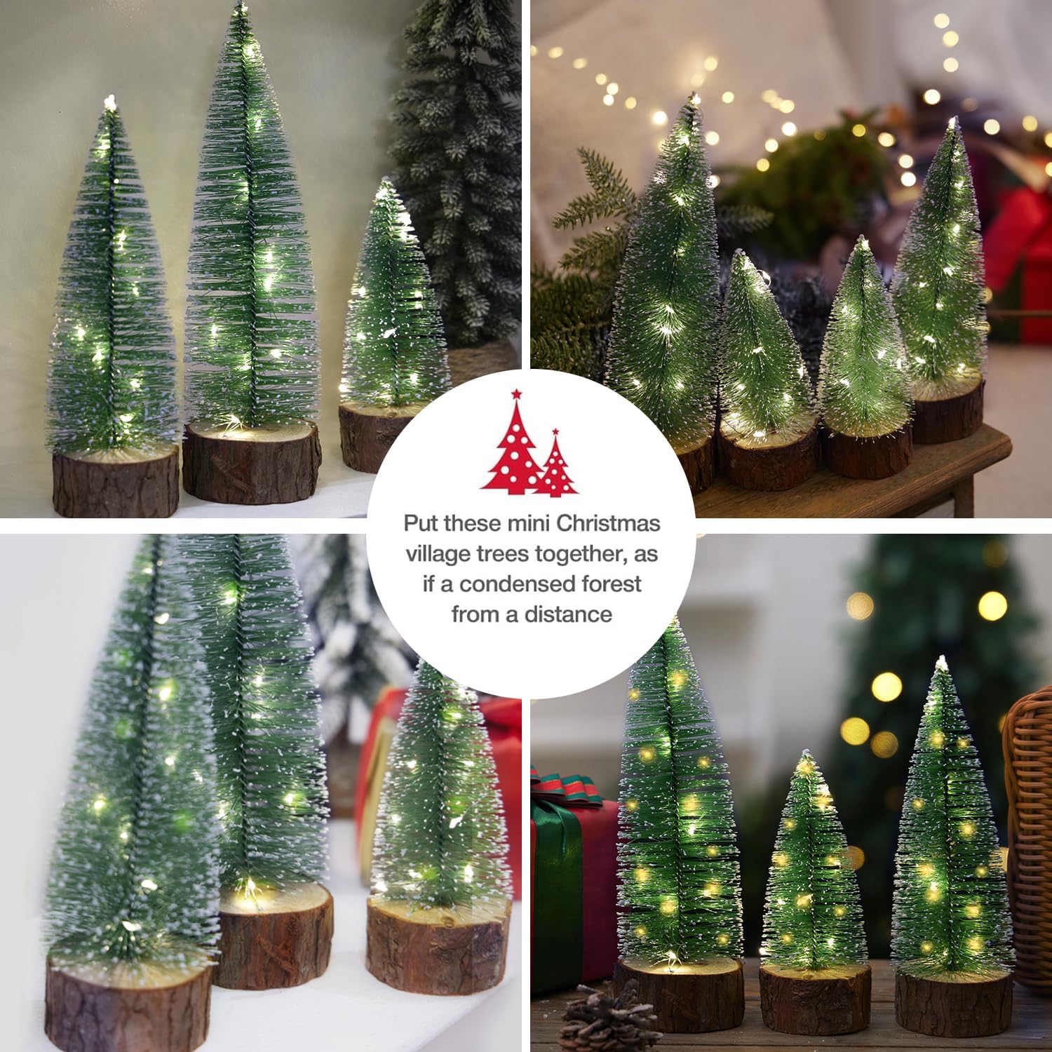 4Pcs Mini Christmas Trees with Light Small Artificial Bottle Brush Trees with Wooden Base Miniature Pine Tree Table Top Decoration for Party Home Xmas Holiday
