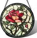 Stained Glass Window Hanging, Red Rose Flowers Sun Catcher for Door Garden Home Decor Suncatcher Christmas Mother's Day Birthday Gifts for Women Lovers Men Wife Girlfriend Mom Nana 7.8 in