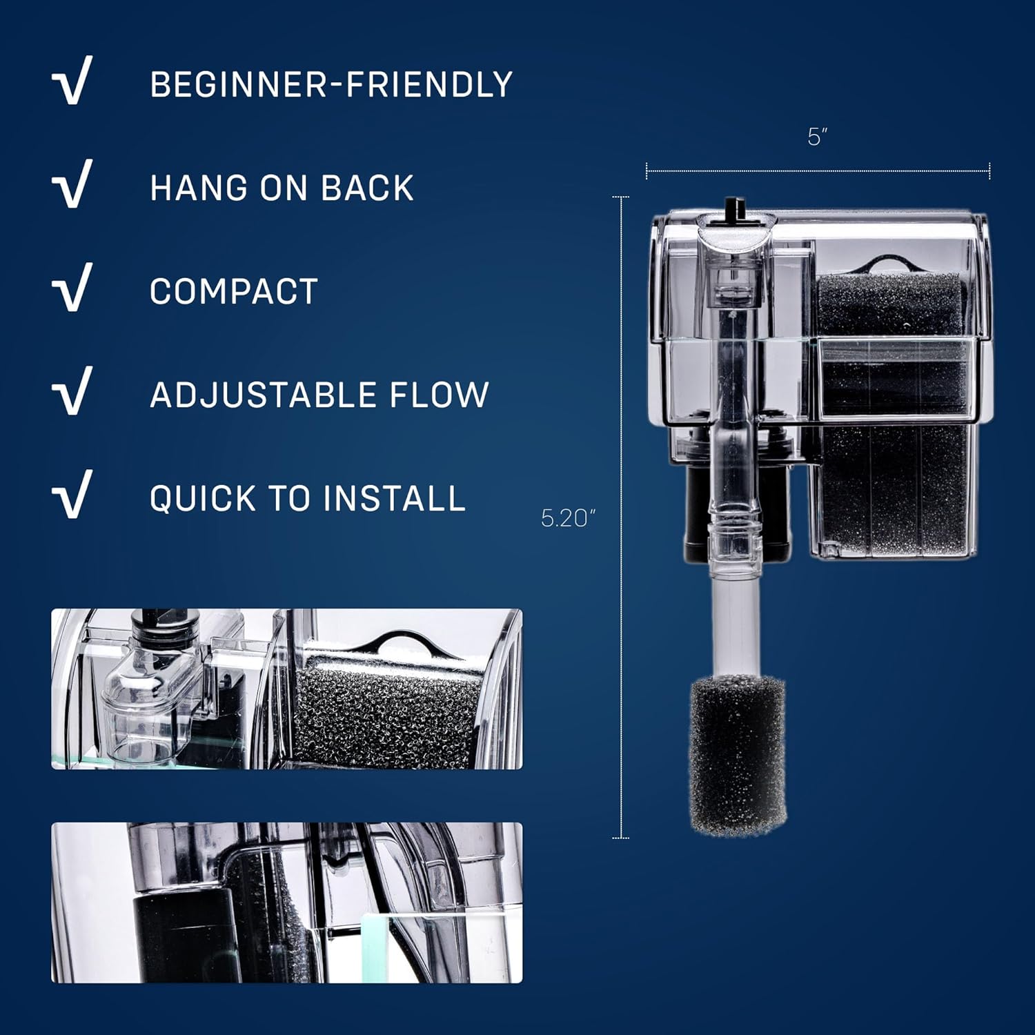 Mighty Aquarium Hang On Back Filter - Aquarium HOB Filter - Adjustable Fish Tank Filter - Aquarium Filters - Nano Aquarium Filter - Fish Aquarium Filter - Hang On Back Aquarium Filter (4-10 Gallons)
