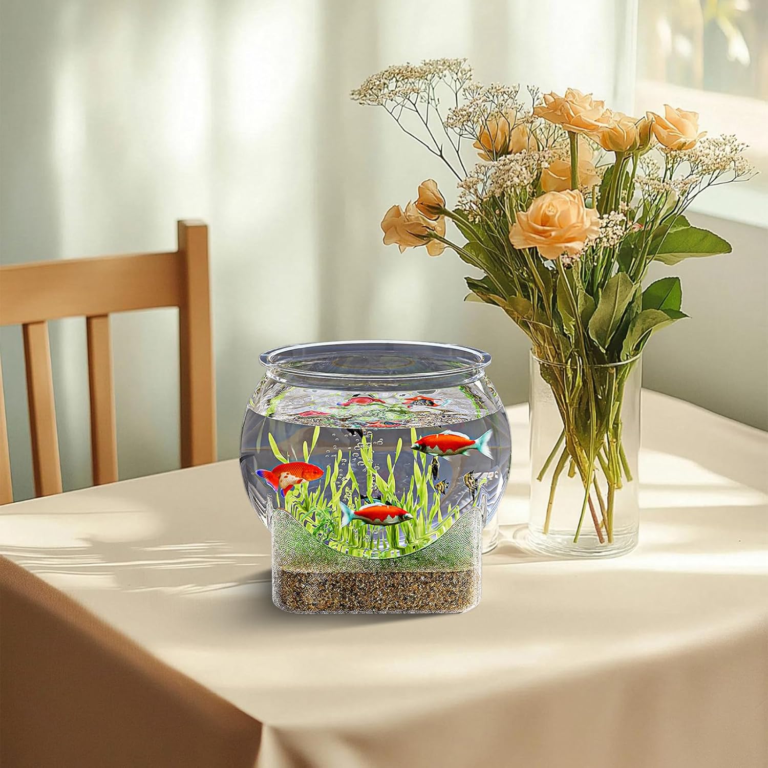 Round Plastic Fish Bowl Betta Fish Aquarium Clear Shatterproof Mini Desktop Aquarium Centerpiece for Home Decoration