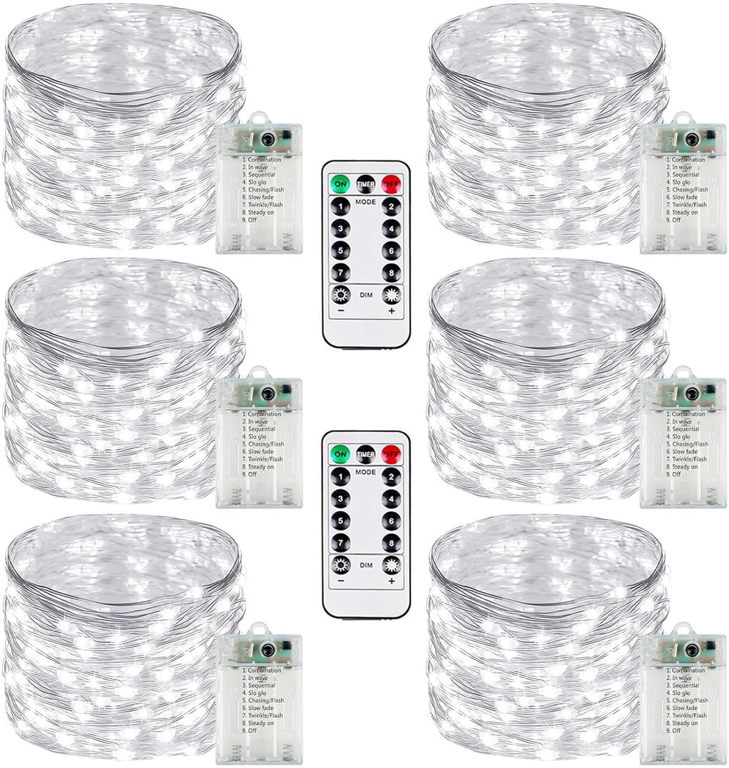 6 Pack Fairy Lights Battery Operated with Remote Control Timer, 26 FT 80 LED String Lights Outdoor Indoor, 8 Modes Twinkle Lights for Christmas Party Wedding Birthday Bedroom Décor (Cool White)