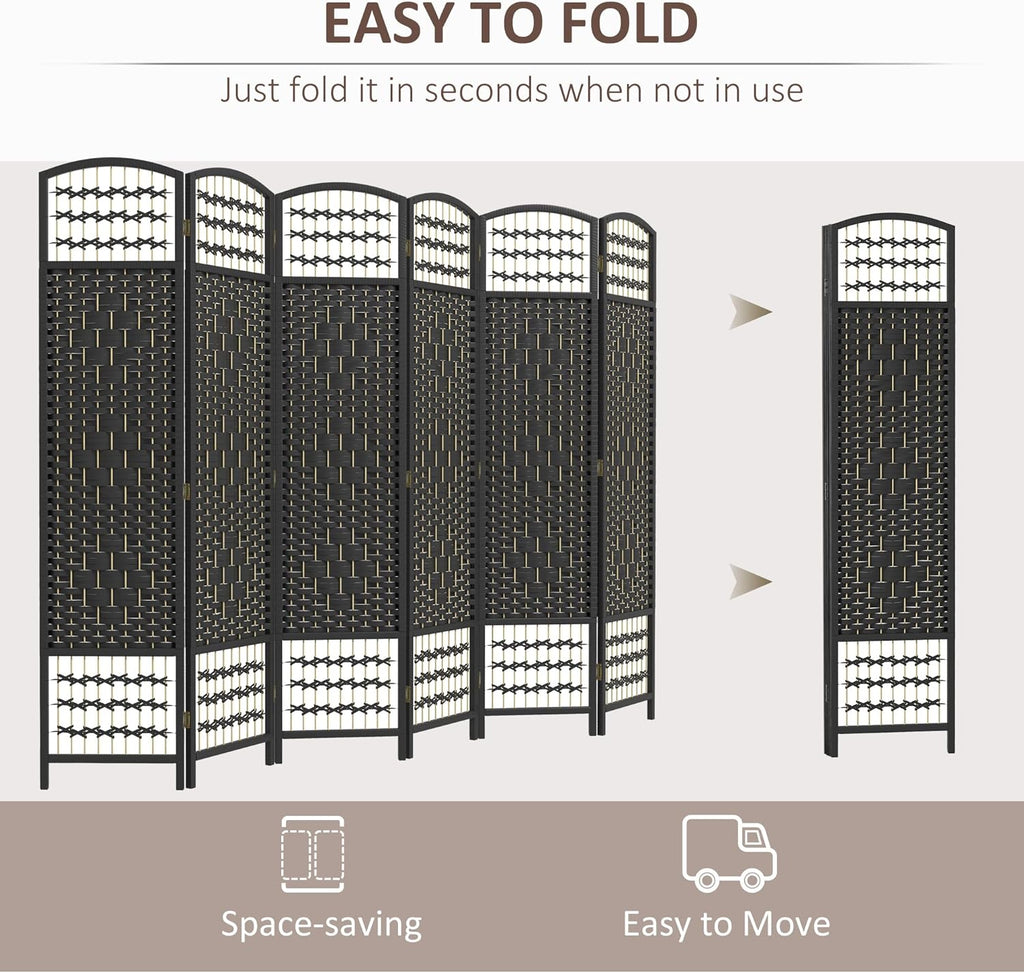 HOMCOM 6 Panel Room Divider, Folding Privacy Screen, 5.6' Room Separator, Wave Fiber Freestanding Partition Wall Divider, Black