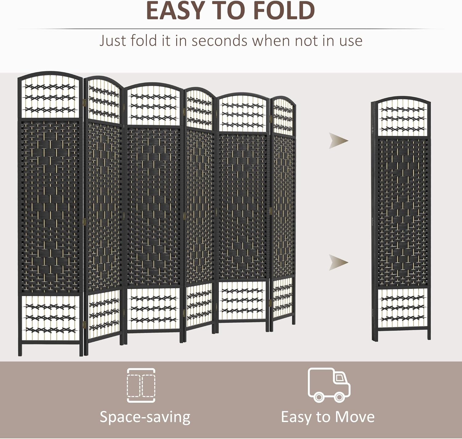 HOMCOM 6 Panel Room Divider, Folding Privacy Screen, 5.6' Room Separator, Wave Fiber Freestanding Partition Wall Divider, Black