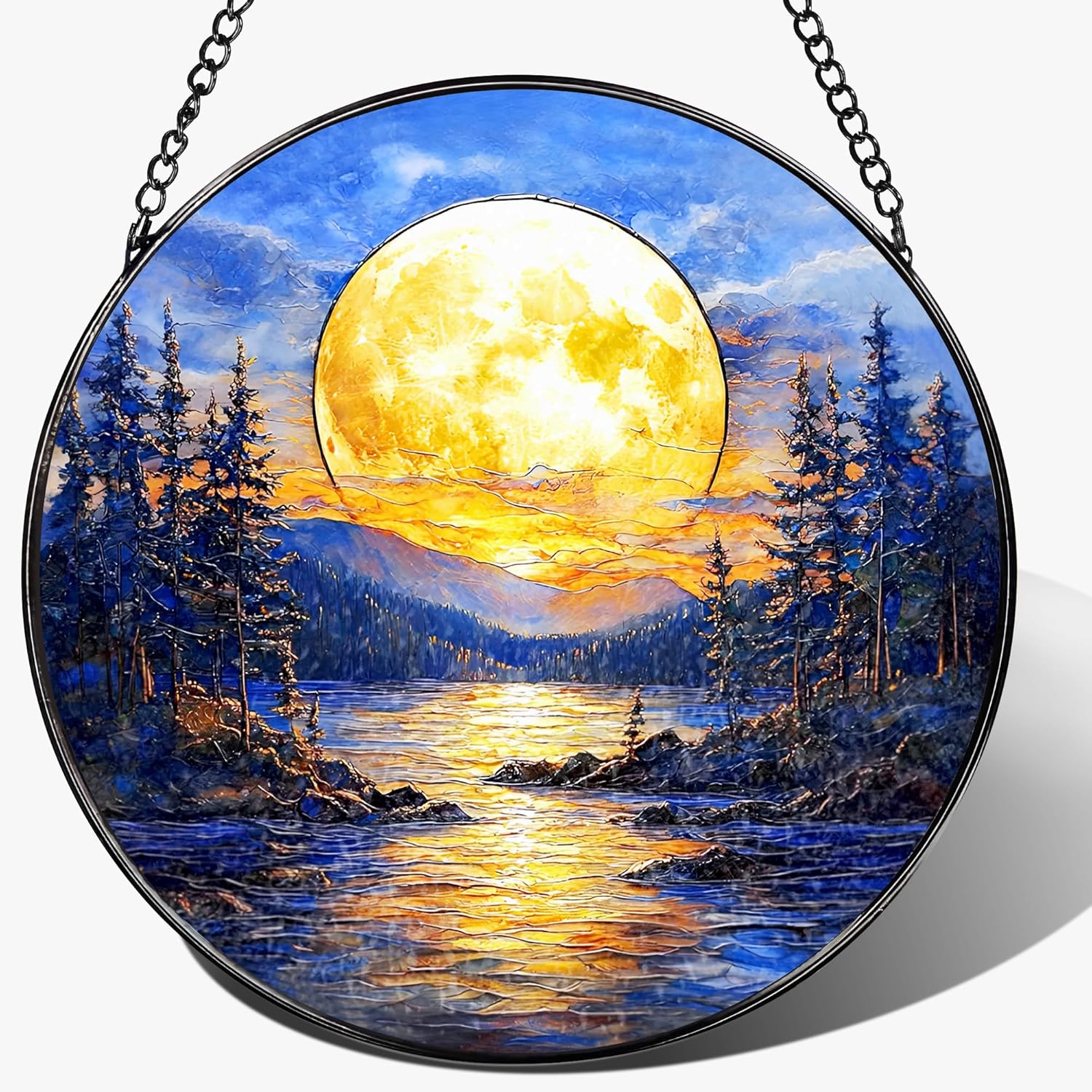 8'' Full Moon Over Forest Lake Suncatcher Ornament, Stained Glass Window Hanging, Sun Catchers for Windows Hanging Ornaments, Window Decor | Gifts for Christmas, Birthday, Father's Day