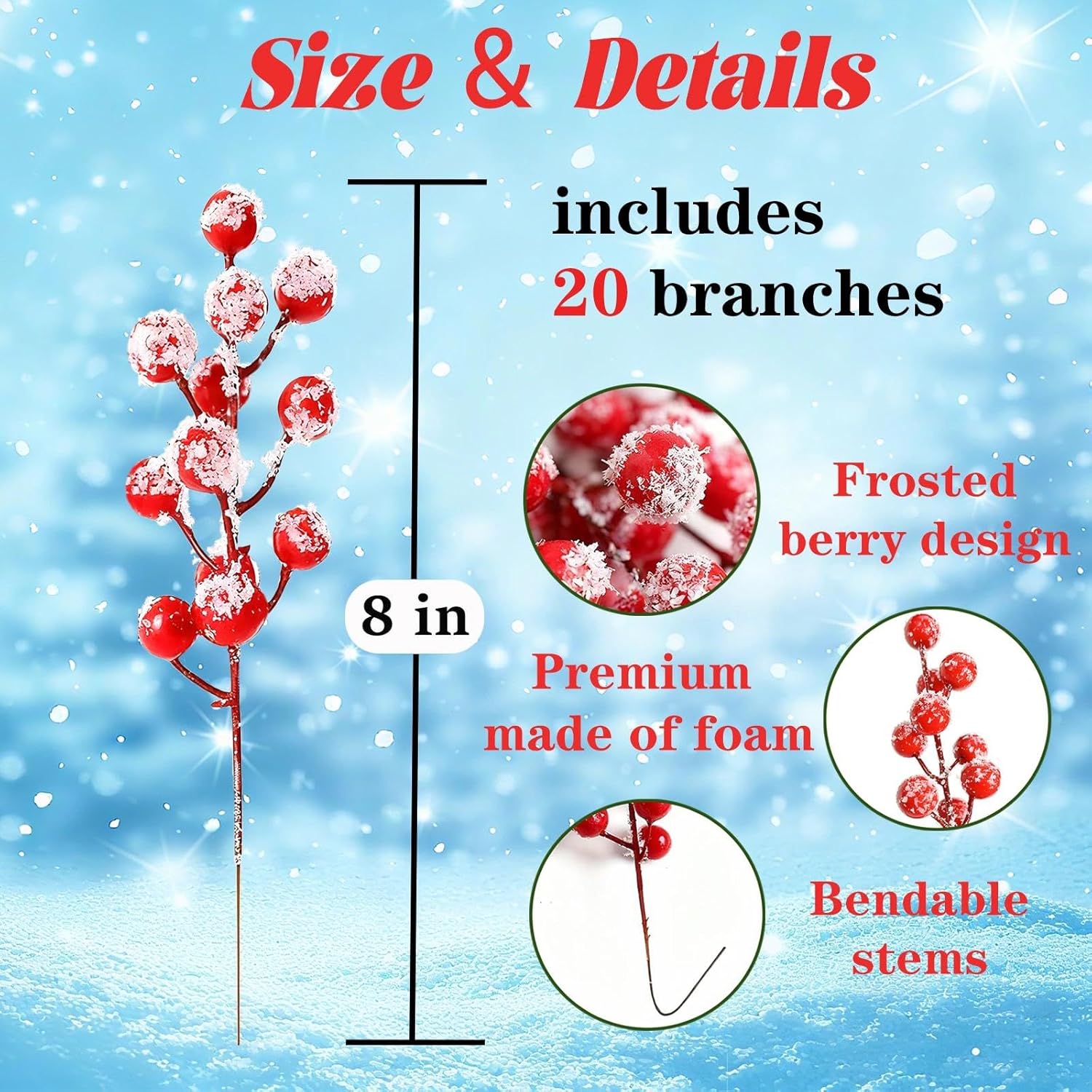 20 Pcs Artificial Frosted Holly Berry Stems, 12 Heads Faux Sprays Red Berries Snowflake Picks for Christmas Tree Ornaments Branches Fillers DIY Xmas Party Decor