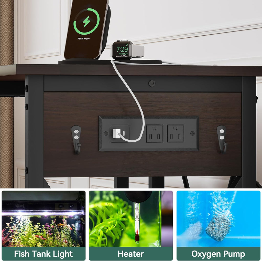 YITAHOME 10-29-37 Gallon Fish Tank Stand with Power Outlet, 30x16 Inch Metal Aquarium Stand with 3-Tier Adjustable Storage Shelves and Hooks, 450LBS Capacity,Black