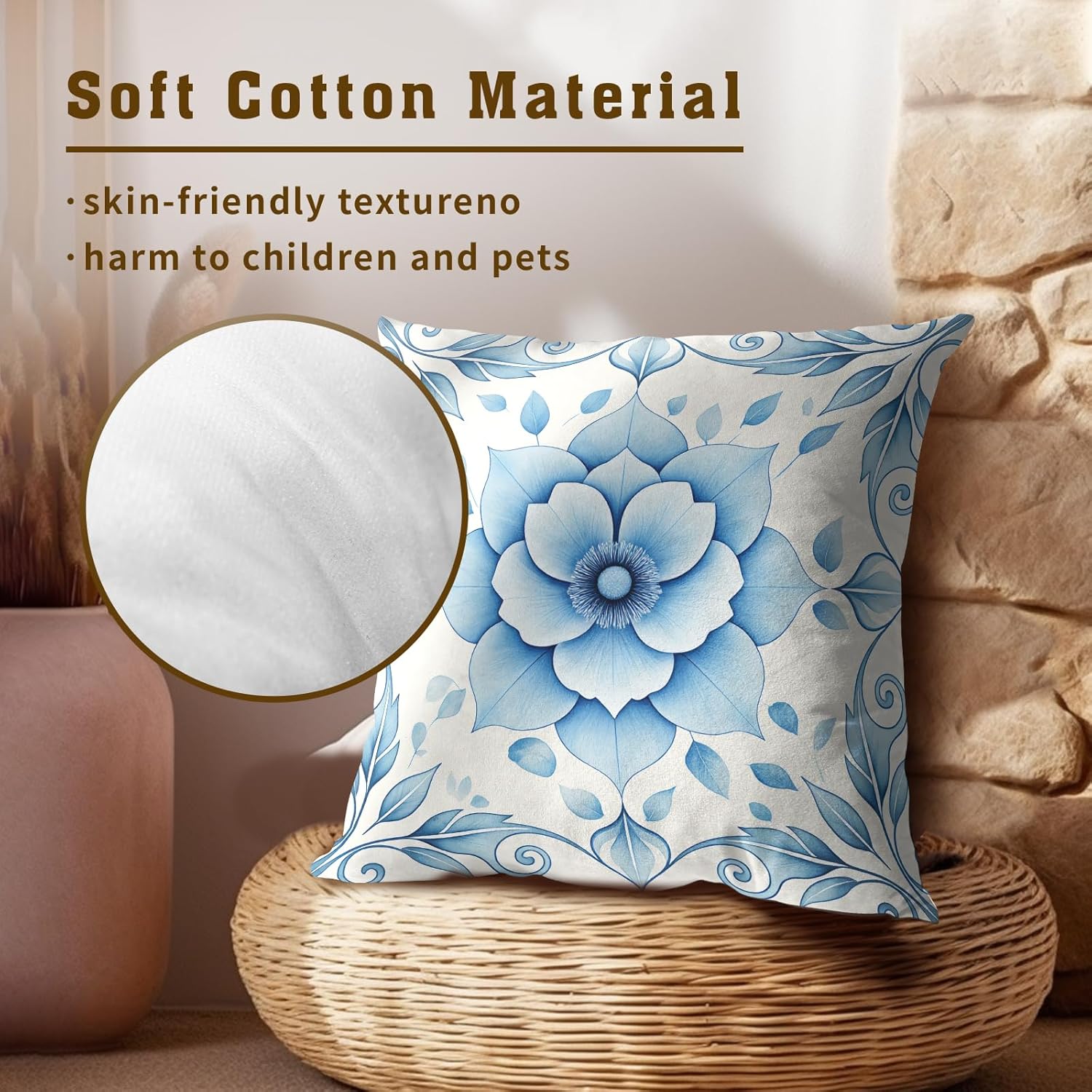 Boho Chic Blue Lotus Throw Pillow Covers Set of 2 Ultra-Soft All-Season Pillow Shams with Hidden Zipper,Durable for Sofa Bed Car Decor & Gift Luxury 18x18IN