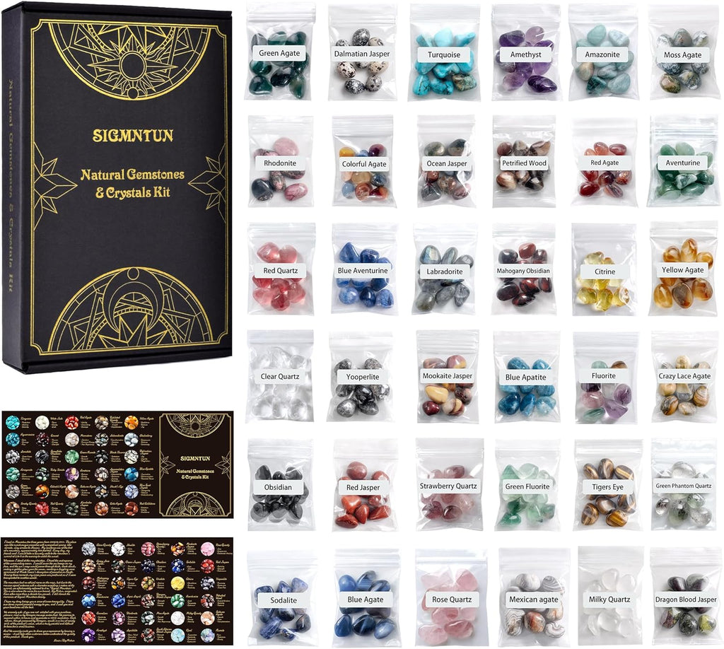 Polished Healing Crystal Stones Set – 36 Different Natural Gemstone Types, 2.5 lbs of 0.5" Tumbled Decorative Rocks Collection for Chakra, Meditation, Reiki, Energy Work, Crafts, Gifts