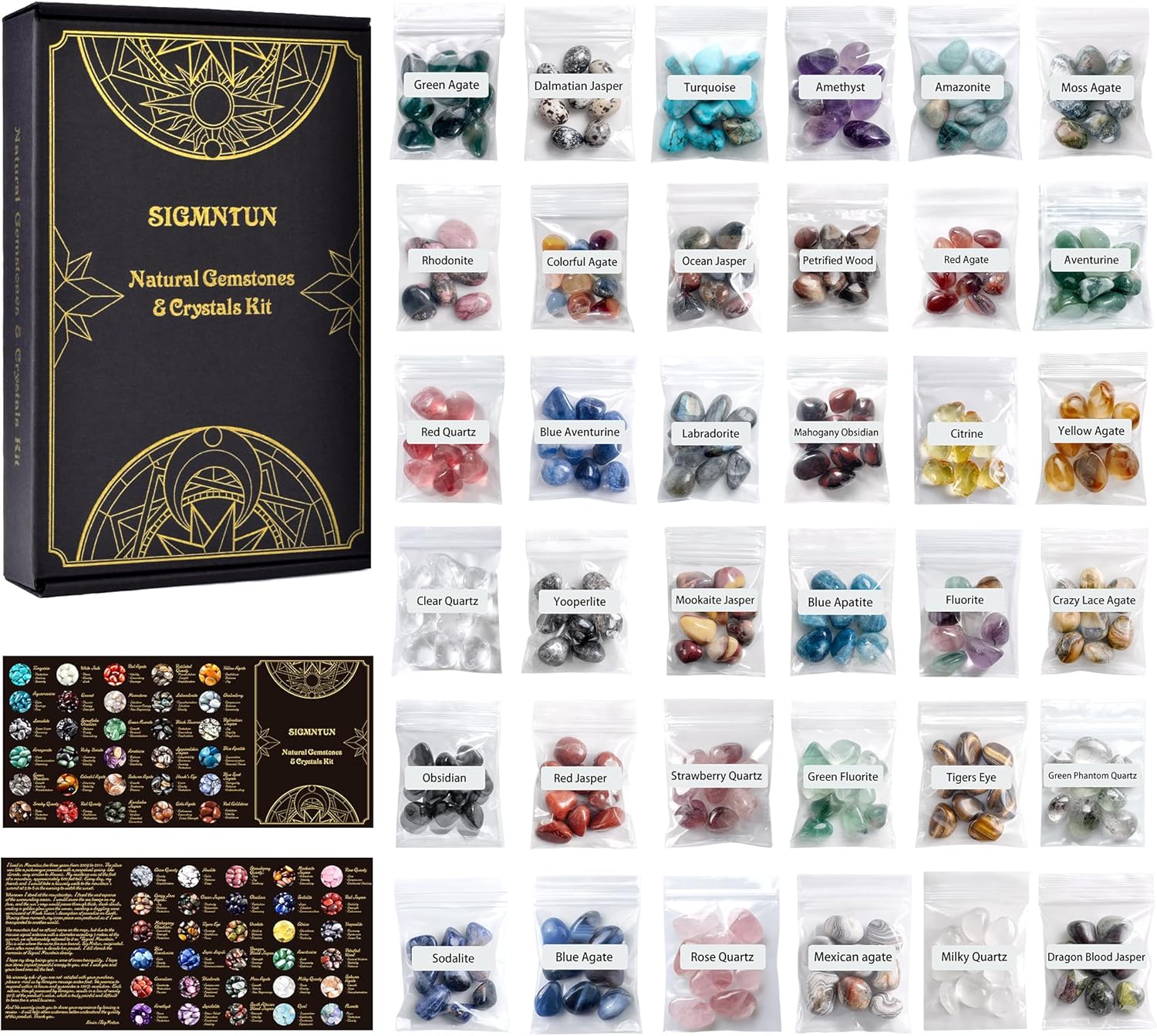 Polished Healing Crystal Stones Set – 36 Different Natural Gemstone Types, 2.5 lbs of 0.5" Tumbled Decorative Rocks Collection for Chakra, Meditation, Reiki, Energy Work, Crafts, Gifts