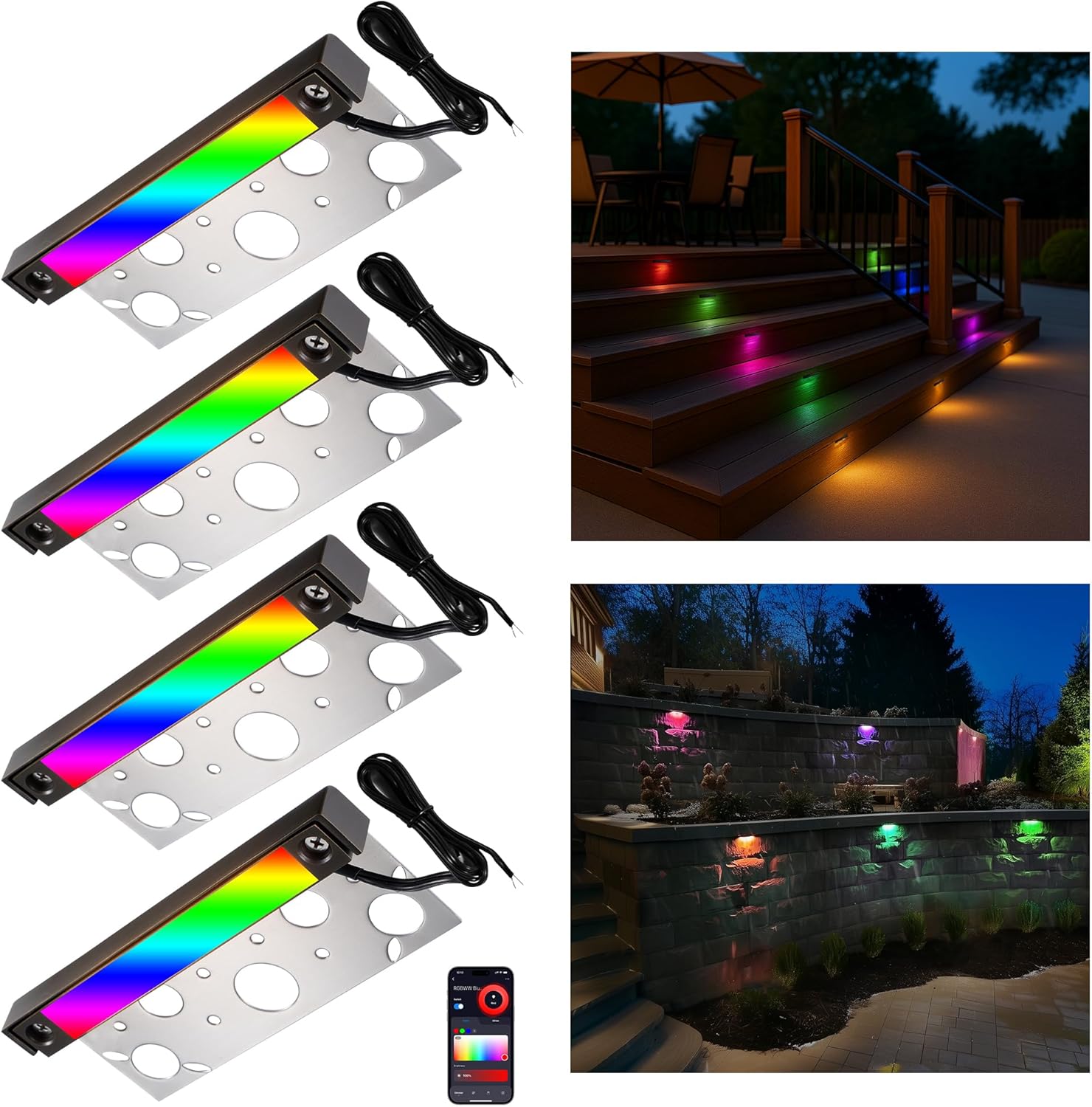 Gardenreet Solid Brass Hardscape Lights, Adjustable RGBCCT Color Changing, Low Voltage 12V Smart LED Retaining Wall Lights, 3W 210LM 7 Inch Waterproof Outdoor for Step, Deck, Patio 4 Pack