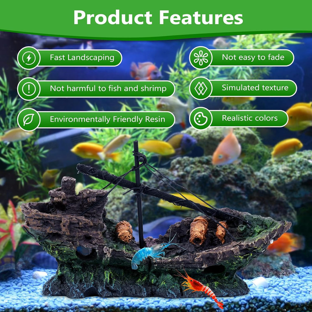 Big Ship Aquarium Decoration Resin - Large Weathered Sunken Shipwreck with Small Hole,Centerpiece for Fish Tank - Approx. 10" L x 4.5" W x 5.3" H(Big Ship)