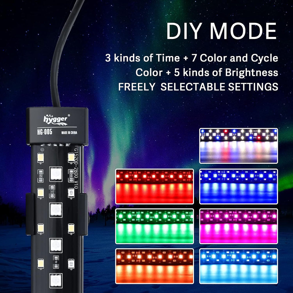 hygger 24/7 Mode Submersible Aquarium LED Light, Full Spectrum Hidden Fish Tank Light with 3 Rows Beads 7 Colors Auto On Off Sunrise-Daylight-Moonlight, Adjustable Timer Brightness 12W