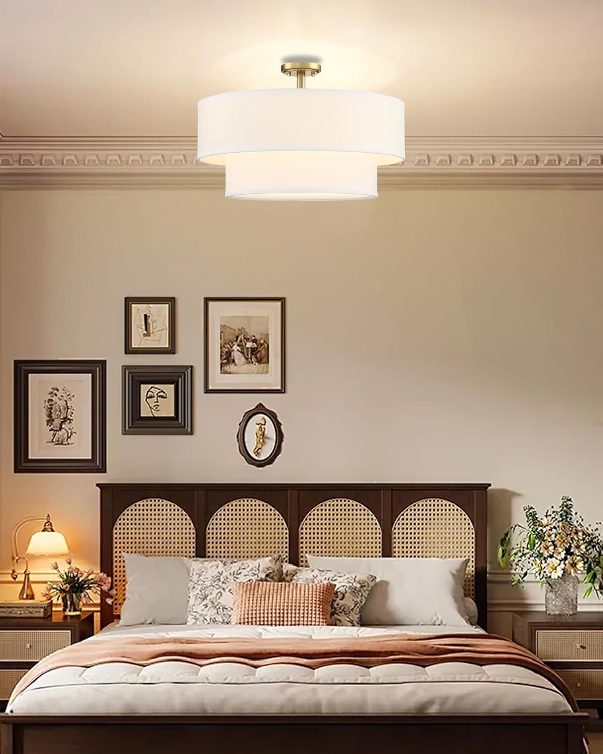 4 Light Off White Double Drum Fabric Shade Semi Flush Mount Ceiling Light,Close to Ceiling Light Fixture Gold Finish,20 inch Semi Flush Drum Light for Bedroom,Living Room,Dining Room Hallway