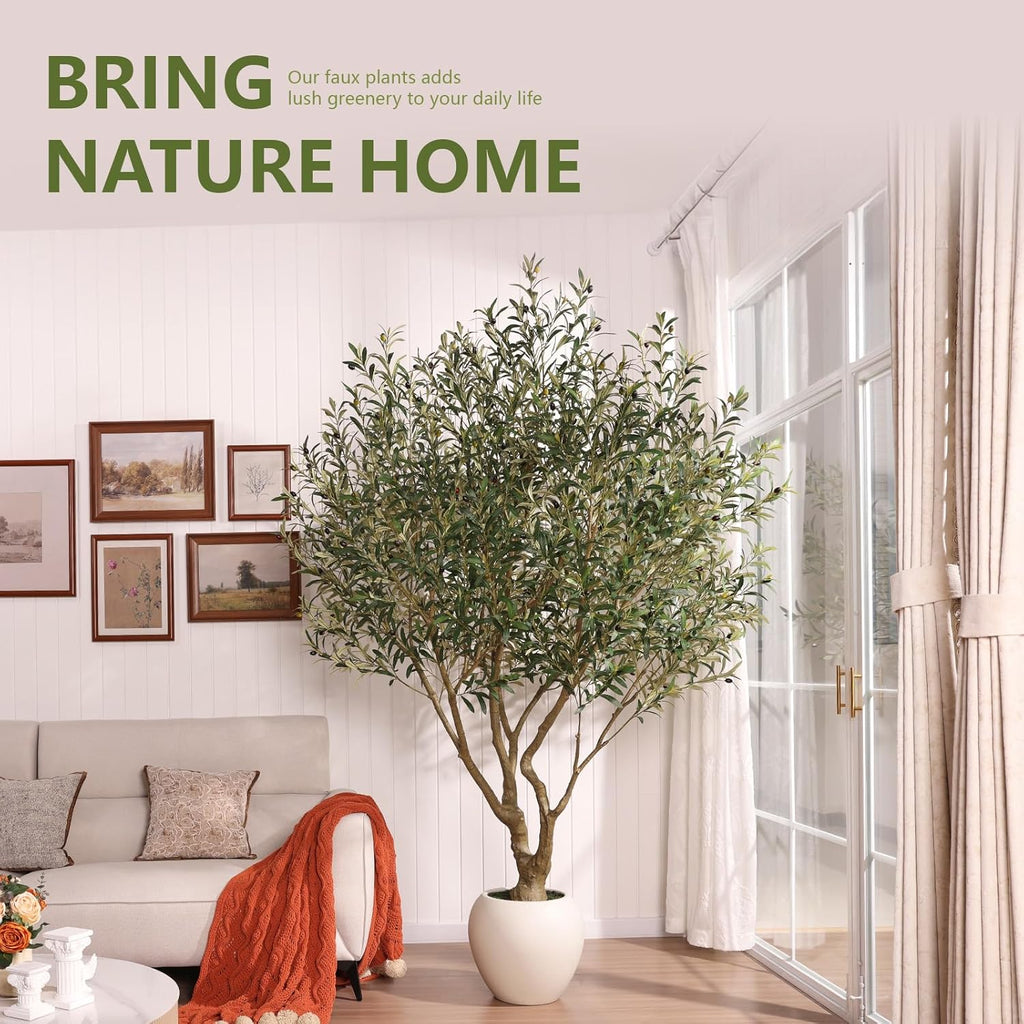 Olive Trees Artificial Indoor, 8FT Tall Faux Olive Tree with Round White Planter, UV Resistant Outdoor Large Fake Olive Plants for Modern Home Decor Living Room Office