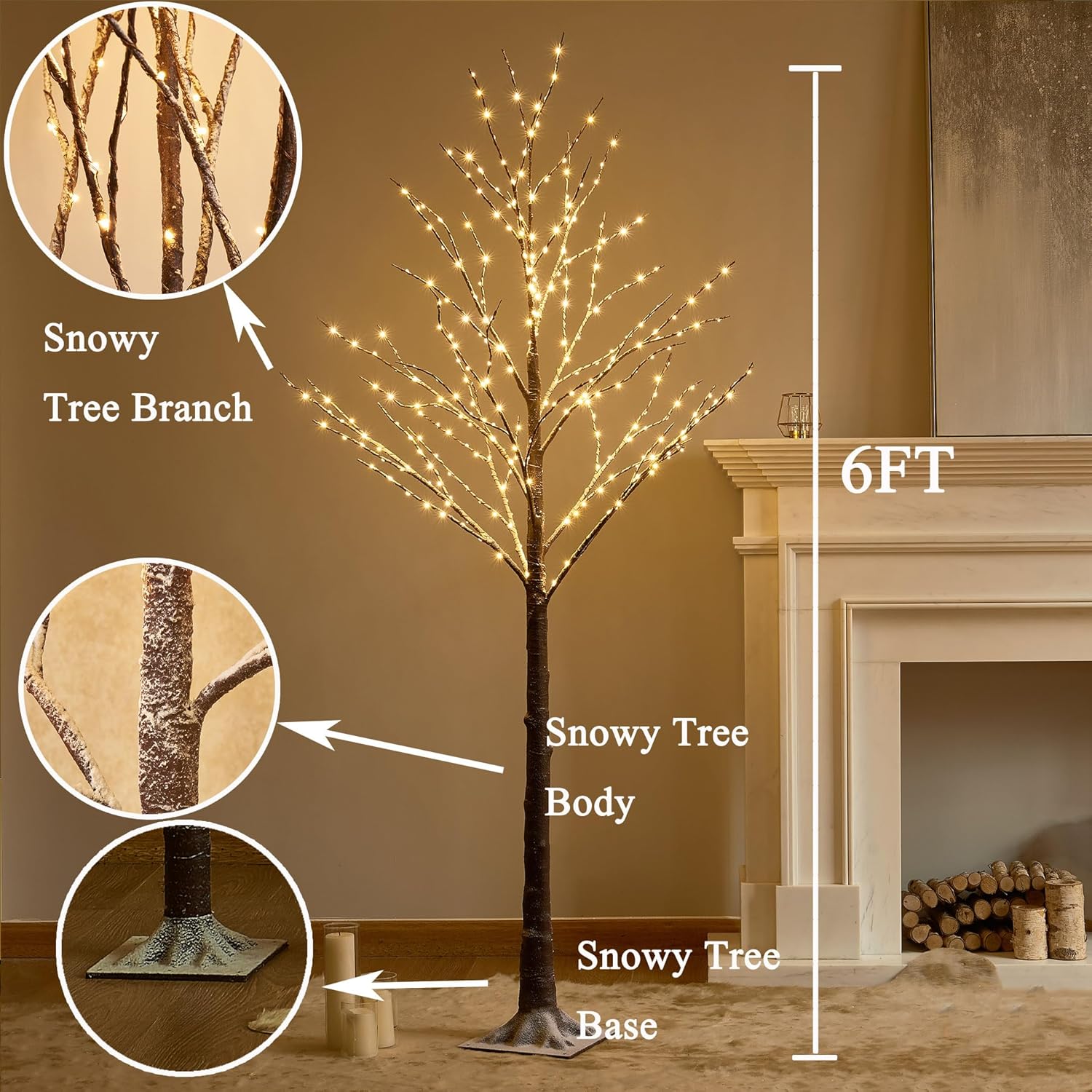 Hairui Lighted Snow Flocked Twig Tree with Fairy Lights 6FT 330 LED for Indoor Home Thanksgiving Christmas Holiday Decoration
