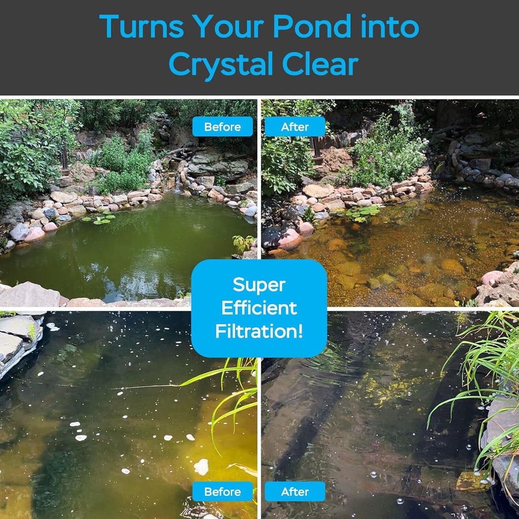 AquaMiracle All-in-One Pond Fountain Kit with Automatic Colorful LED for Outdoor Ponds 500-750 Gal, 850GPH Koi Pond Filter Pump with U - V Light to Tackle Green Water Al-gae, with 3 Spray Patterns