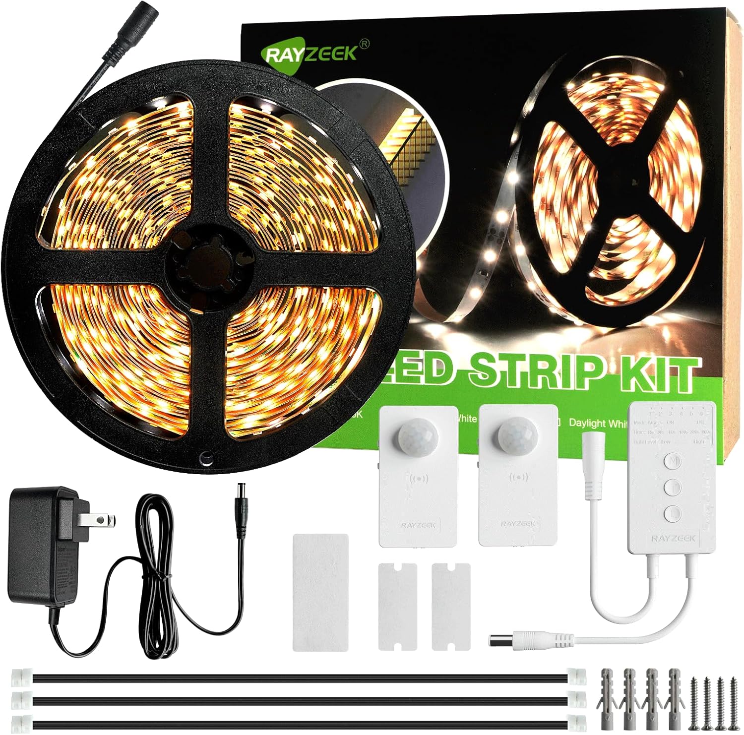 RAYZEEK Wireless Motion Activated LED Strip Lights,19.7FT LED Strip Lights with Power Adapter,RF Wireless Motion Sensor Control Dimmer,Timing,Warm White (1×Controller+2×Motion Sensor)