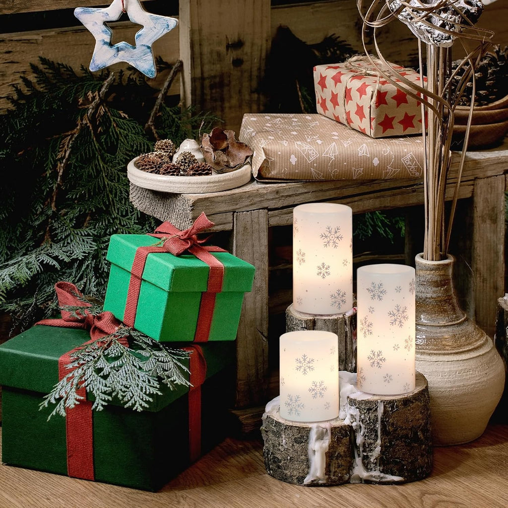 GenSwin Christmas Flameless Candles with Timer, LED Flickering Candles Real Wax with Silver Snowflake Decals, 3 Pack Pillar Candle for Winter Indoor Fireplace Christmas Decor(D3” x H4”5”6”)
