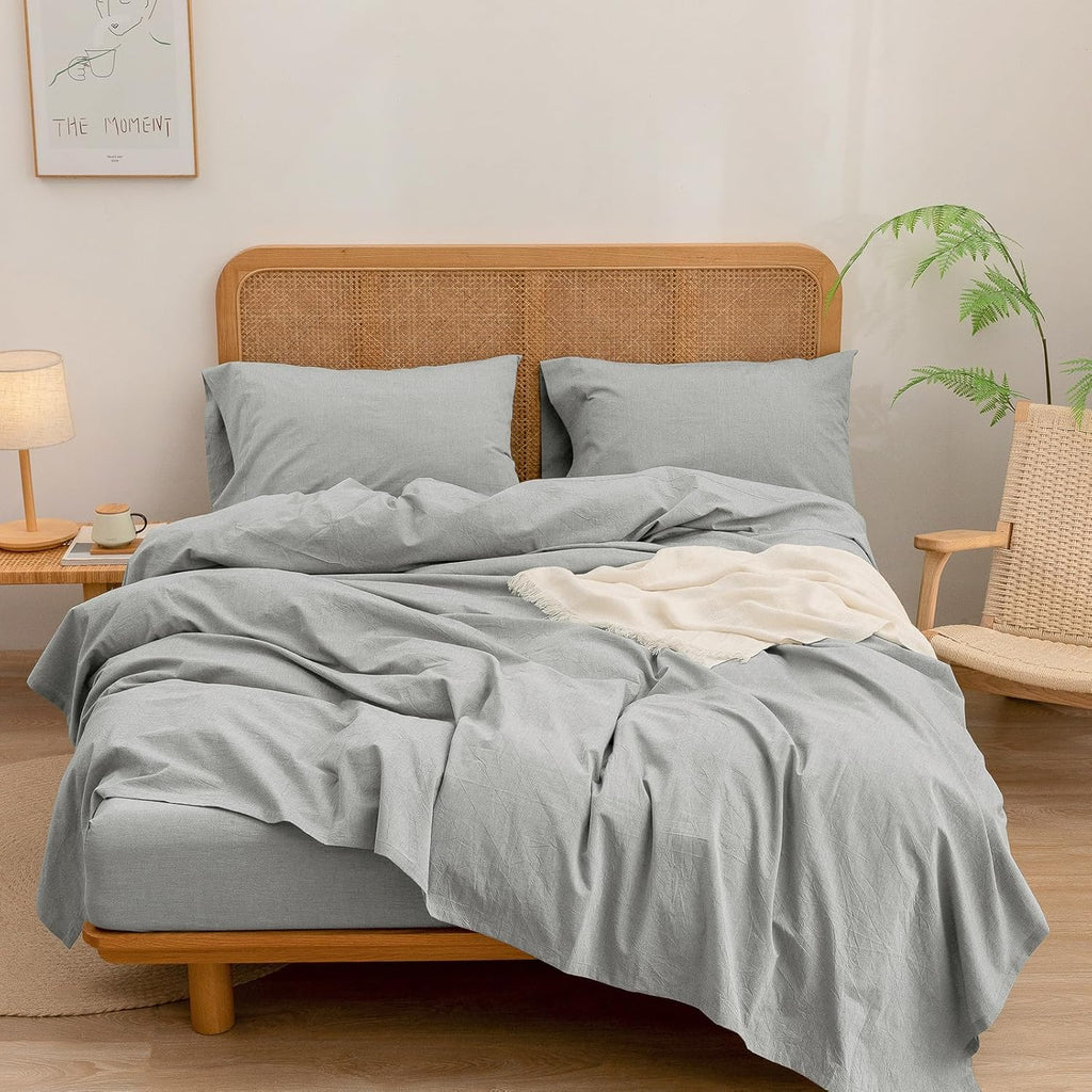 BESTOUCH Sheet Set 100% Washed Cotton Linen Feel Super Soft Comfortable Chic Lightweight 4 Pcs Home Bedding Set Solid Light Grey King
