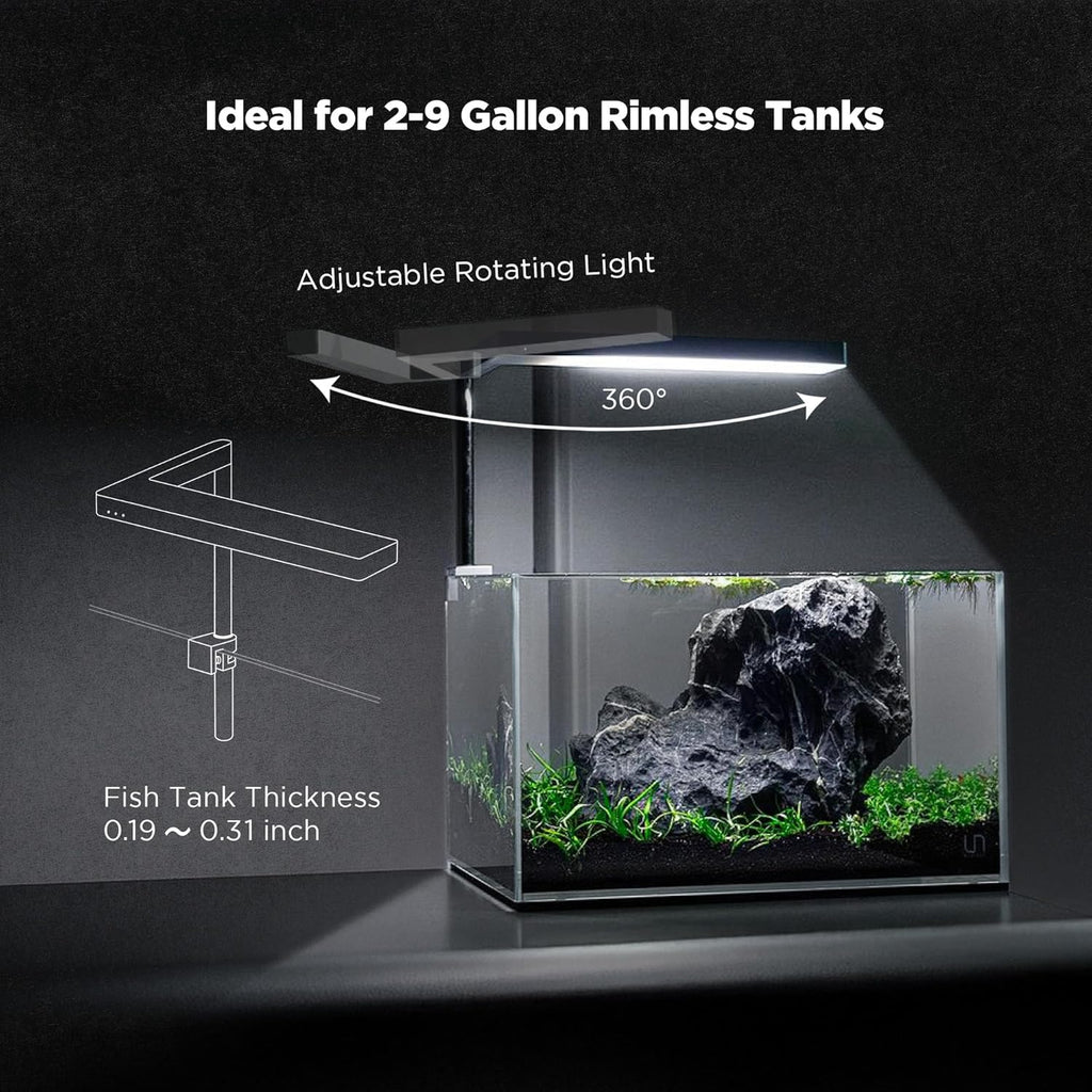 ONF Flat Nano+ 15W Full Spectrum Aquarium Light, Up to 20 Level Dimmable APP Controlled Light, IP54 Waterproof Light, Suitable for 2-9 Gallon Rimless Fish Tanks, Terrariums, & Potted Plants, Black