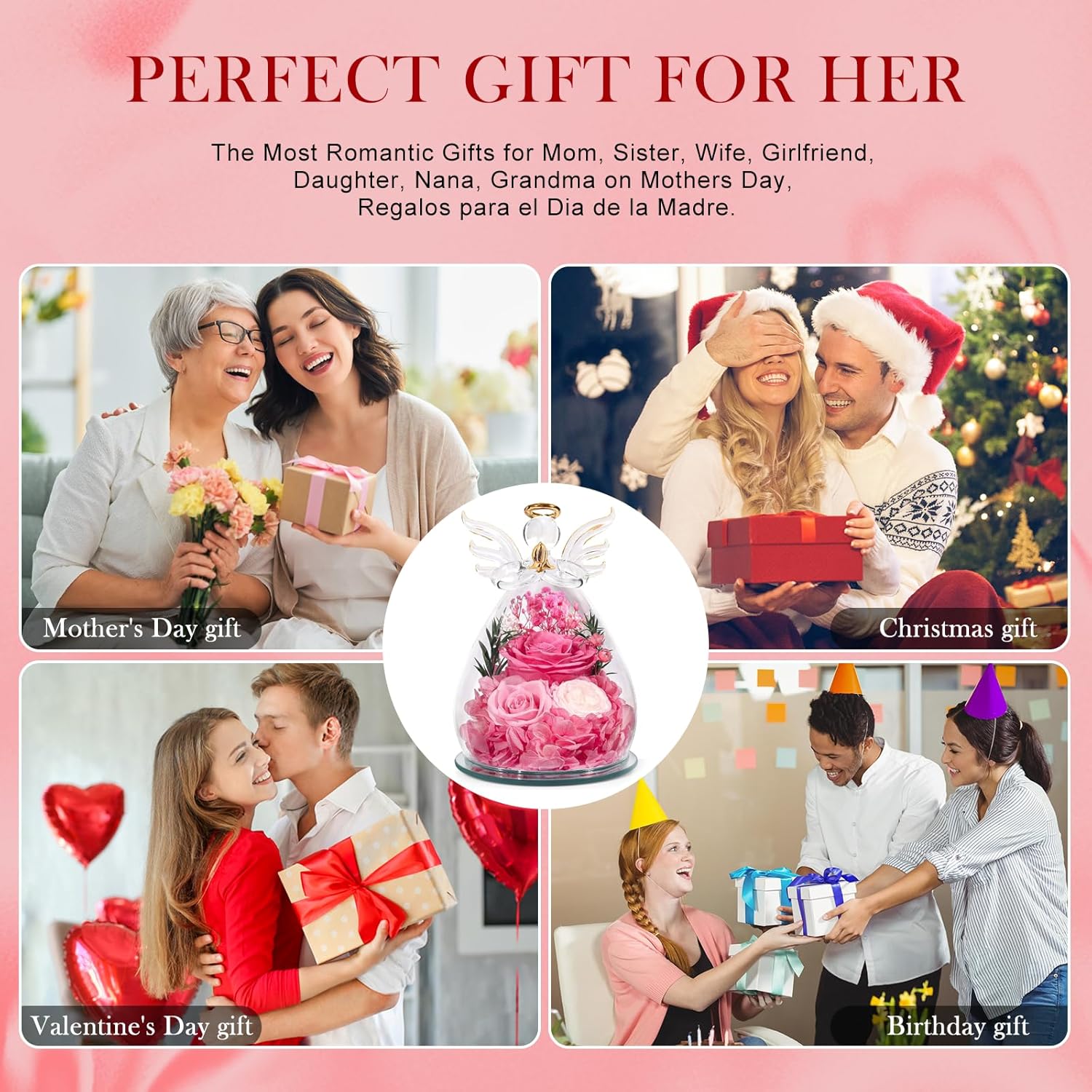 Gifts for Women Preserved Rose Forever Flower in Glass Angel Figurines Fresh Flowers for Delivery Prime Mothers Day Birthday Gifts for Mom Real Pink Roses for Grandma Sister Wife Her from Daughter