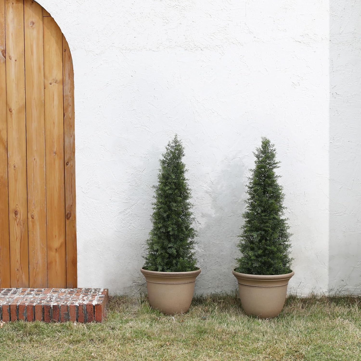 LOMANTO Outdoor Artificial Topiary Cedar Tree 4Ft UV Rated Potted Plants 2Pack Fake Tree for Porch Decor Faux Pine Plant for Perfect Housewarming Gift