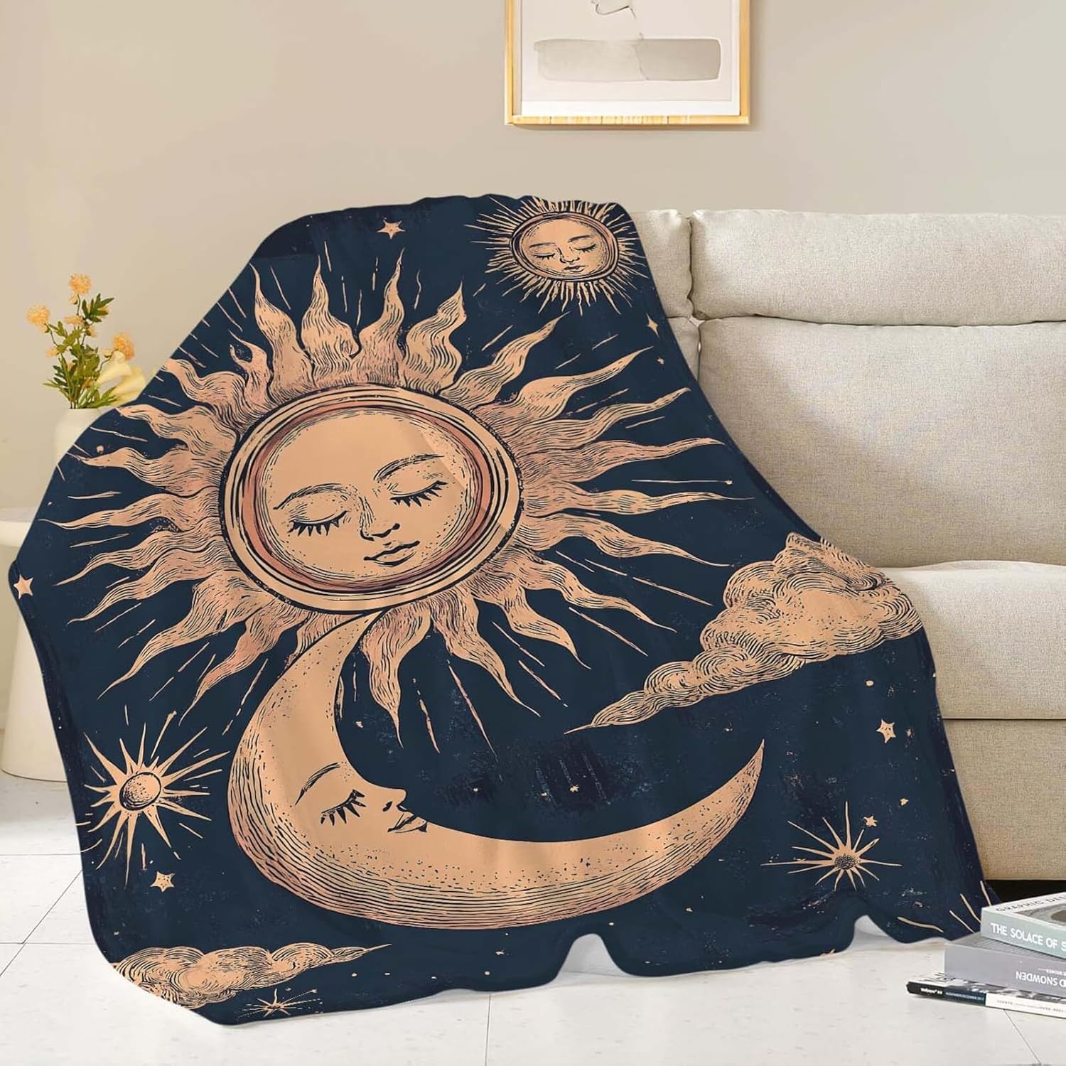 Sun and Moon Throw Blanket Celestial Hippie Sun and Moon Stuff Gifts for Kids Girls Boys Adults Women Man Soft Cozy Warm Plush Fluffy Fuzzy Fleece Blanket Decor 60''X80''
