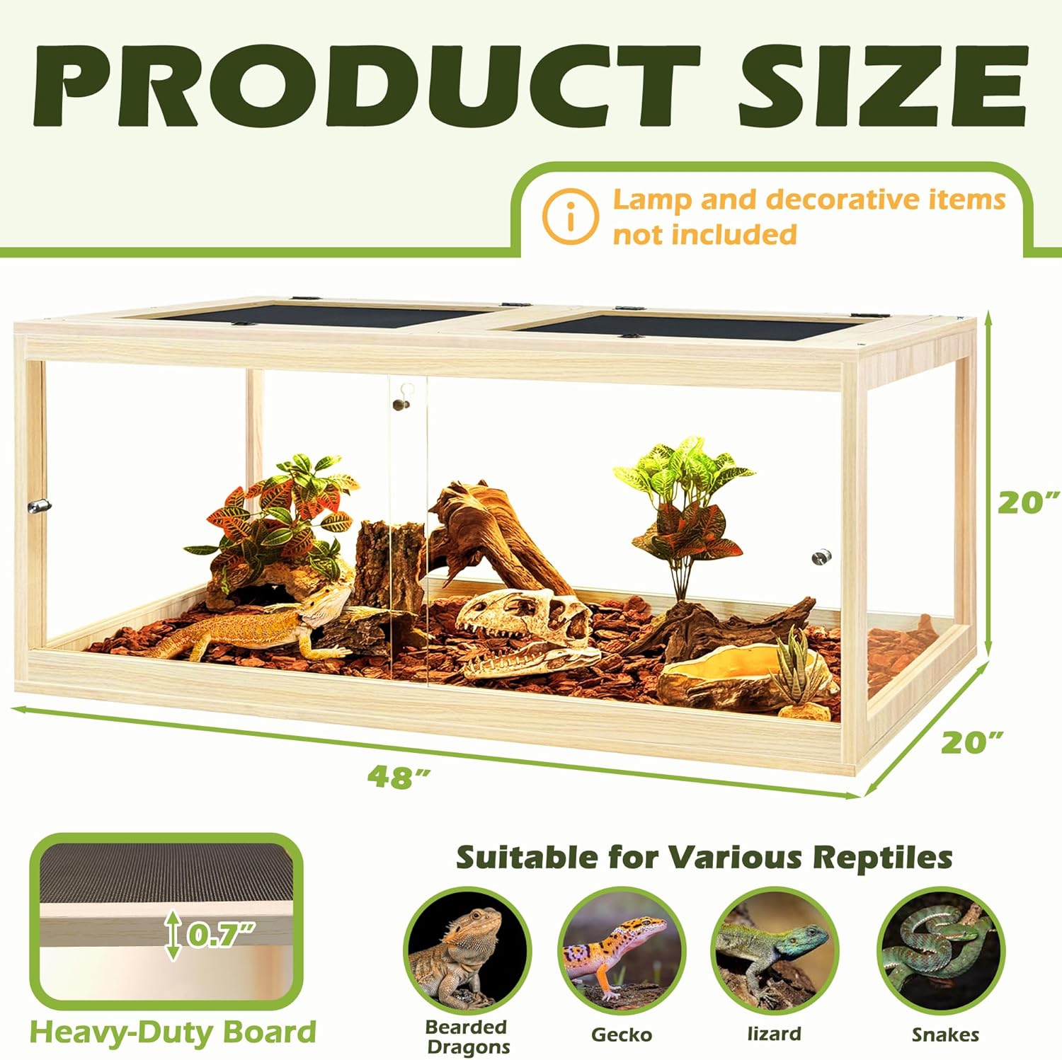 Prolee Tempered Glass Bearded Dragon Tank,Reptile Encloure and Snake Tank with Metal Mesh Roof Door,Locking Design Reptile Tank for Lizard,Gecko,Chameleon (Oak, 81 Gallon (48x20x20) Inch)