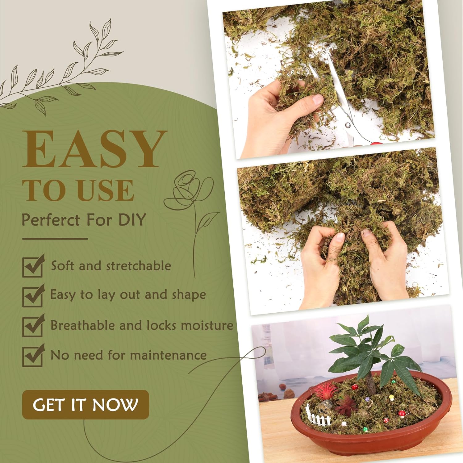 Artificial Moss - 45.86 OZ (2.89LB) - Premium Fake Moss Versatile for Crafts & Décor - Natural Look, Low Maintenance, Perfect for Fairy Gardens, Terrariums, Wedding Decor & Faux Potted Plants