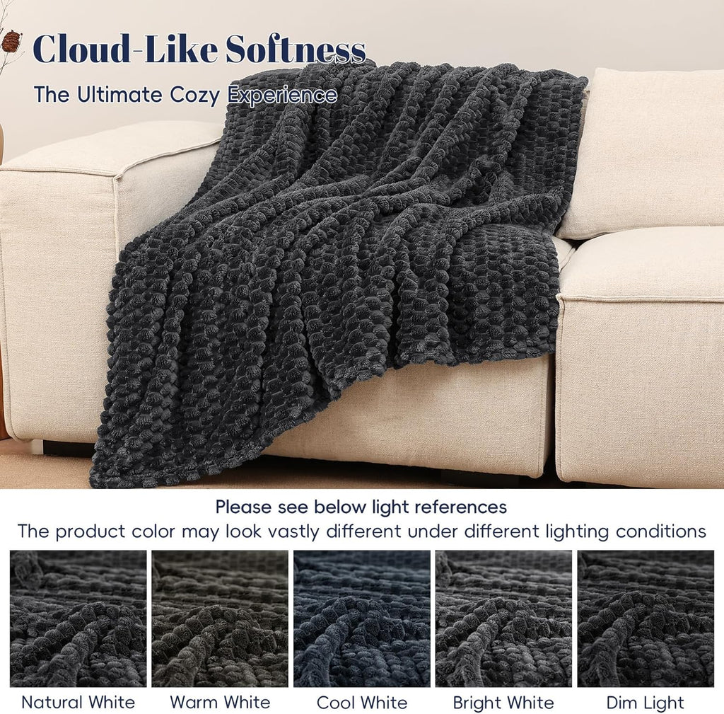 PHF Ultra Soft Flannel Fleece Throw Blanket, Lightweight 3D Jacquard Fleece Blanket, No Shedding, No Pilling, Luxury 340GSM Aesthetic Fluffy Cozy Throws for Couch Room Decor, 50"x60", Dark Grey