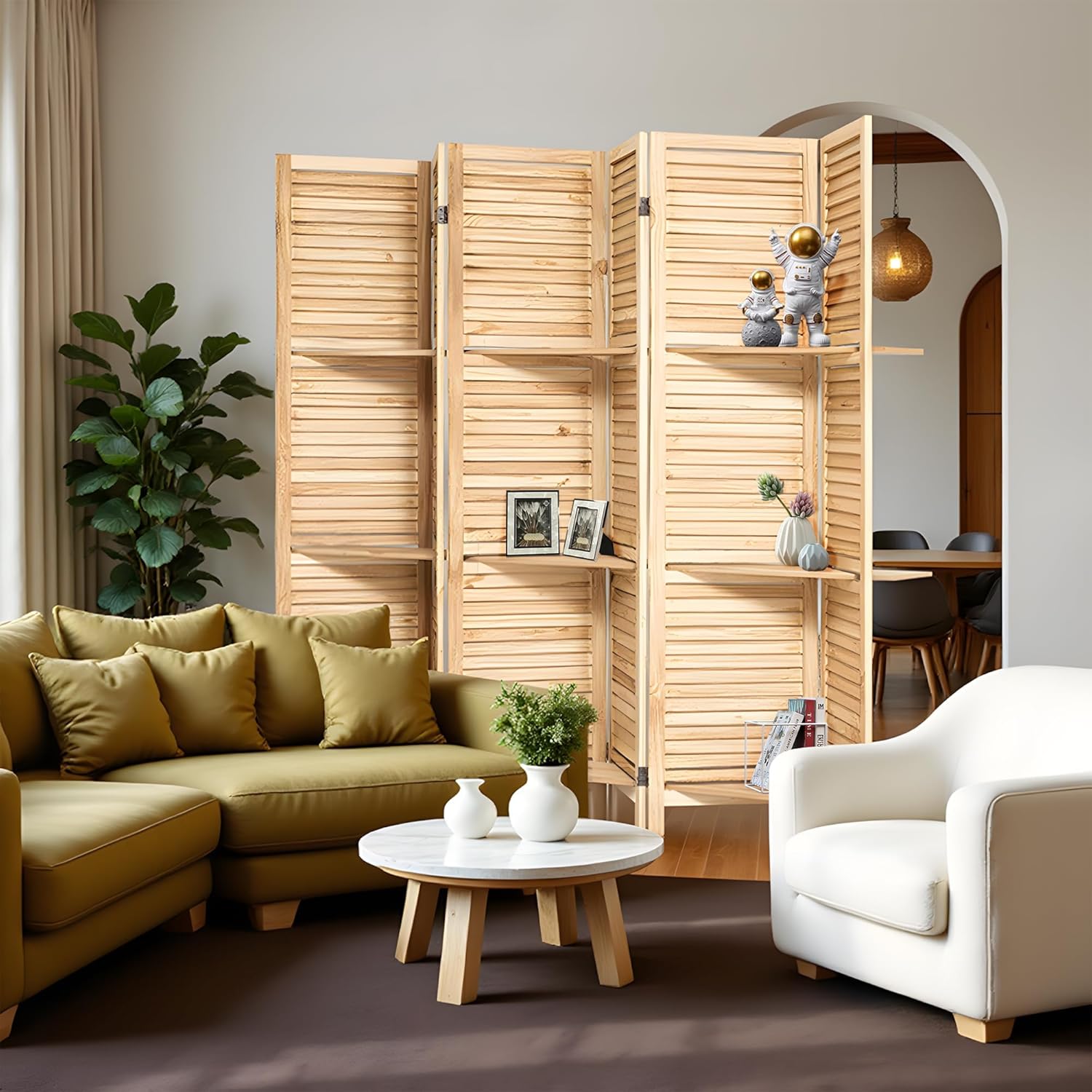 6 Panel Room Divider Freestanding Privacy Screen with Display Shelves Foldable Wooden Room Divider Panel for Bedroom, Home Office, Living Room, Natural