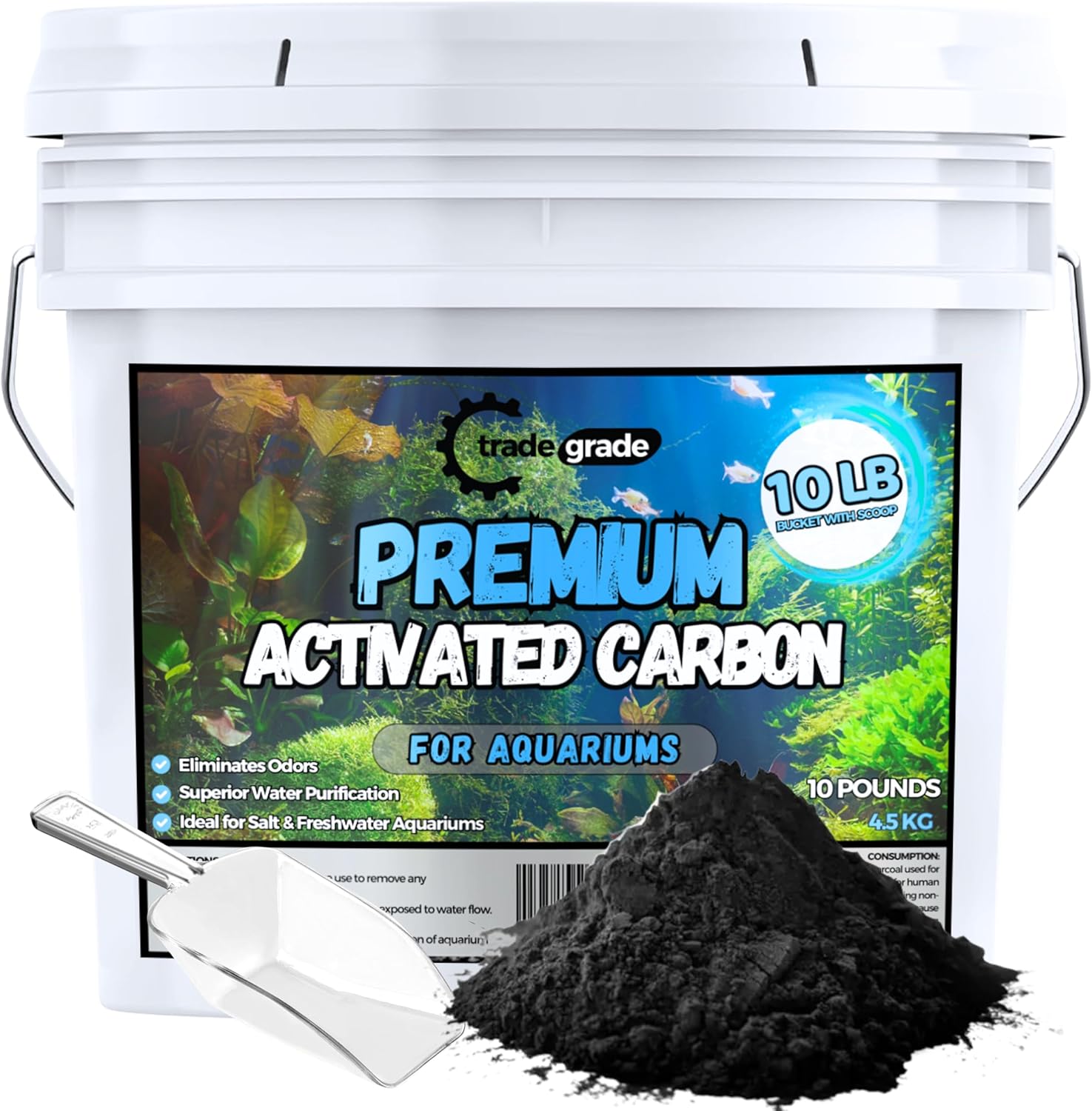 TradeGrade Activated Carbon Aquarium – 10lb Bucket Granulated Activated Charcoal for Fish Tank & Water Purification – High-Performance Aquarium Charcoal Filter Media for Crystal Clear Water