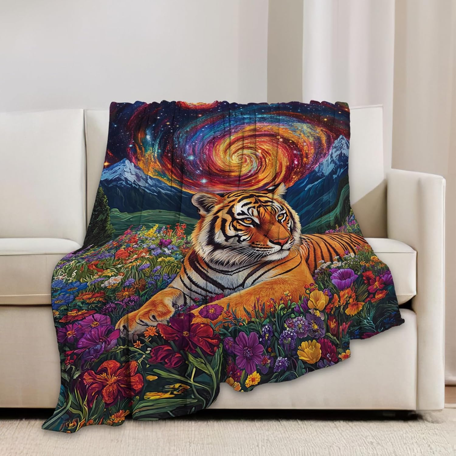Tiger Blanket Starry Night Floral Animal Throw Blankets Gifts for Girls Boys Kids Tiger Lover Soft Cozy Fleece Plush for Couch Sofa Bed 80"x60"